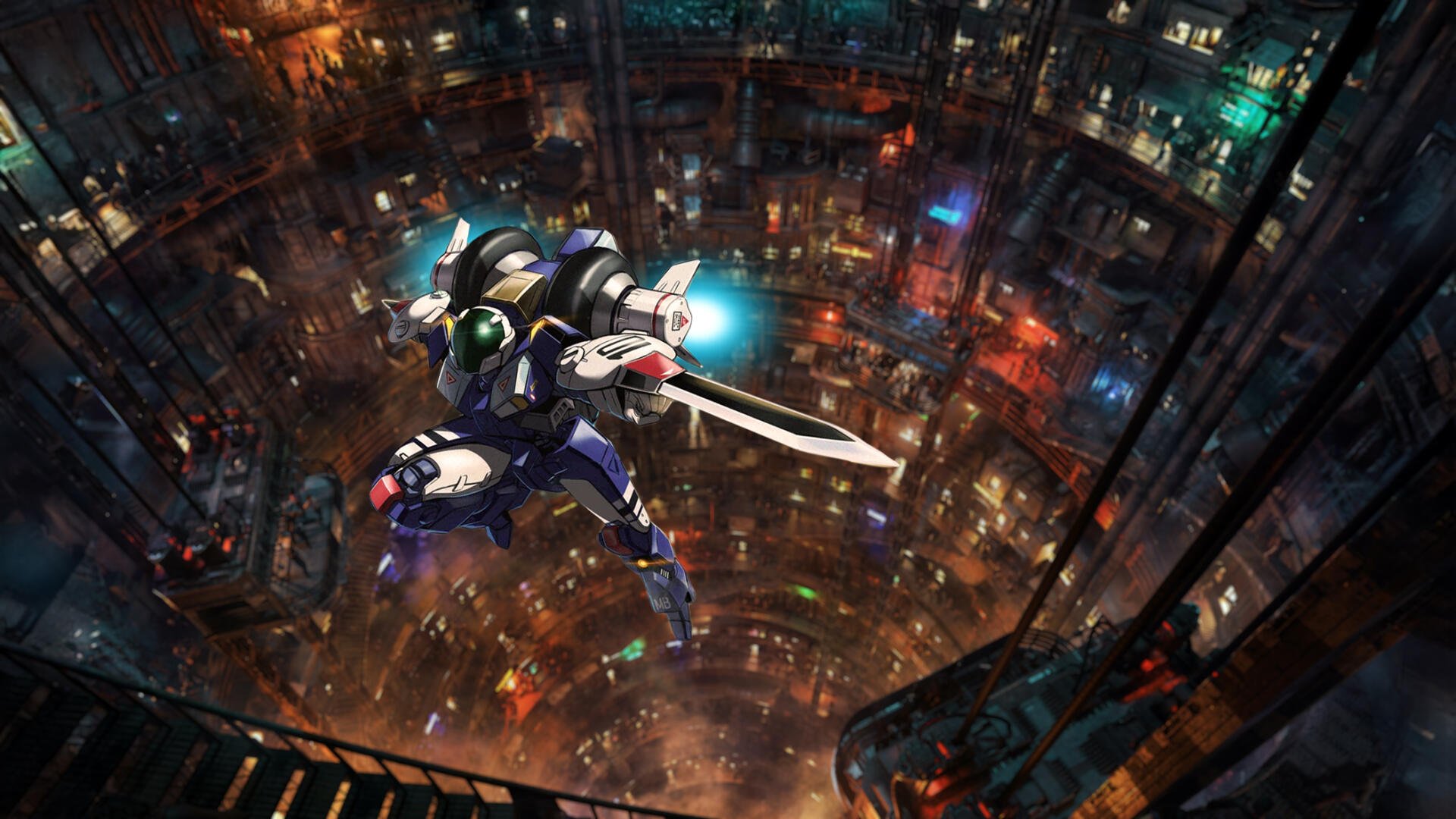 HD PC desktop wallpaper/background: Robotech/Macross New Generation Cyclone mech with sword, soaring above a neon-lit, multi-level circular city interior under dramatic lights and motion.