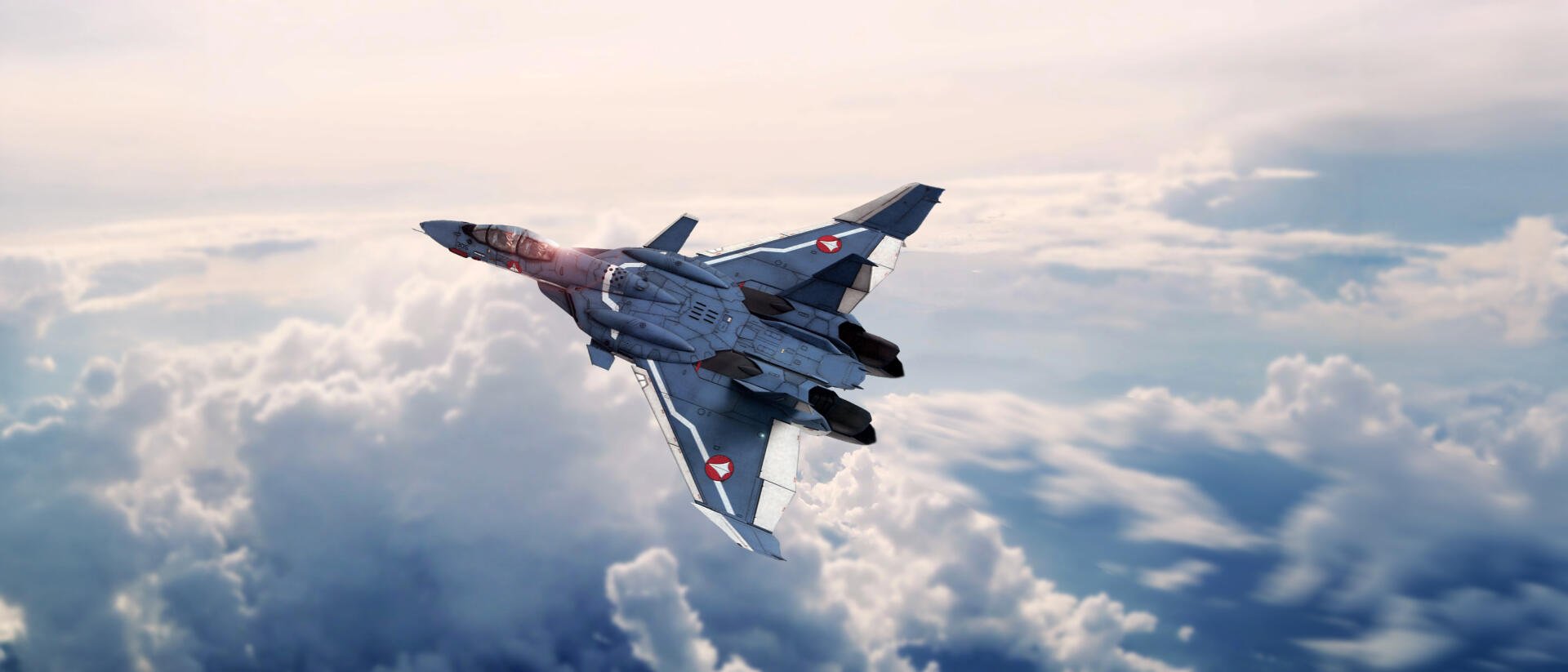 Robotech/Macross VF-1 fighter jet banking above sunlit clouds — HD PC desktop wallpaper background with detailed mech markings and dramatic aerial perspective.