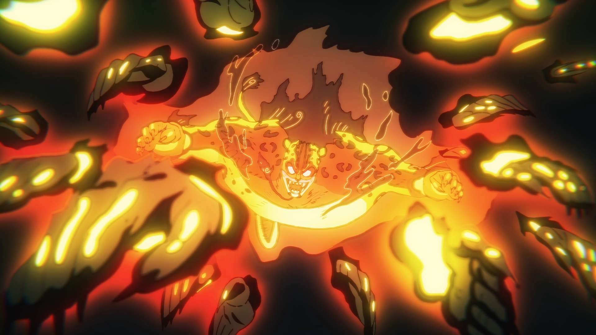 HD PC desktop wallpaper: One Piece anime scene of Rob Lucci lunging through blazing golden flames and swirling shadowy faces.