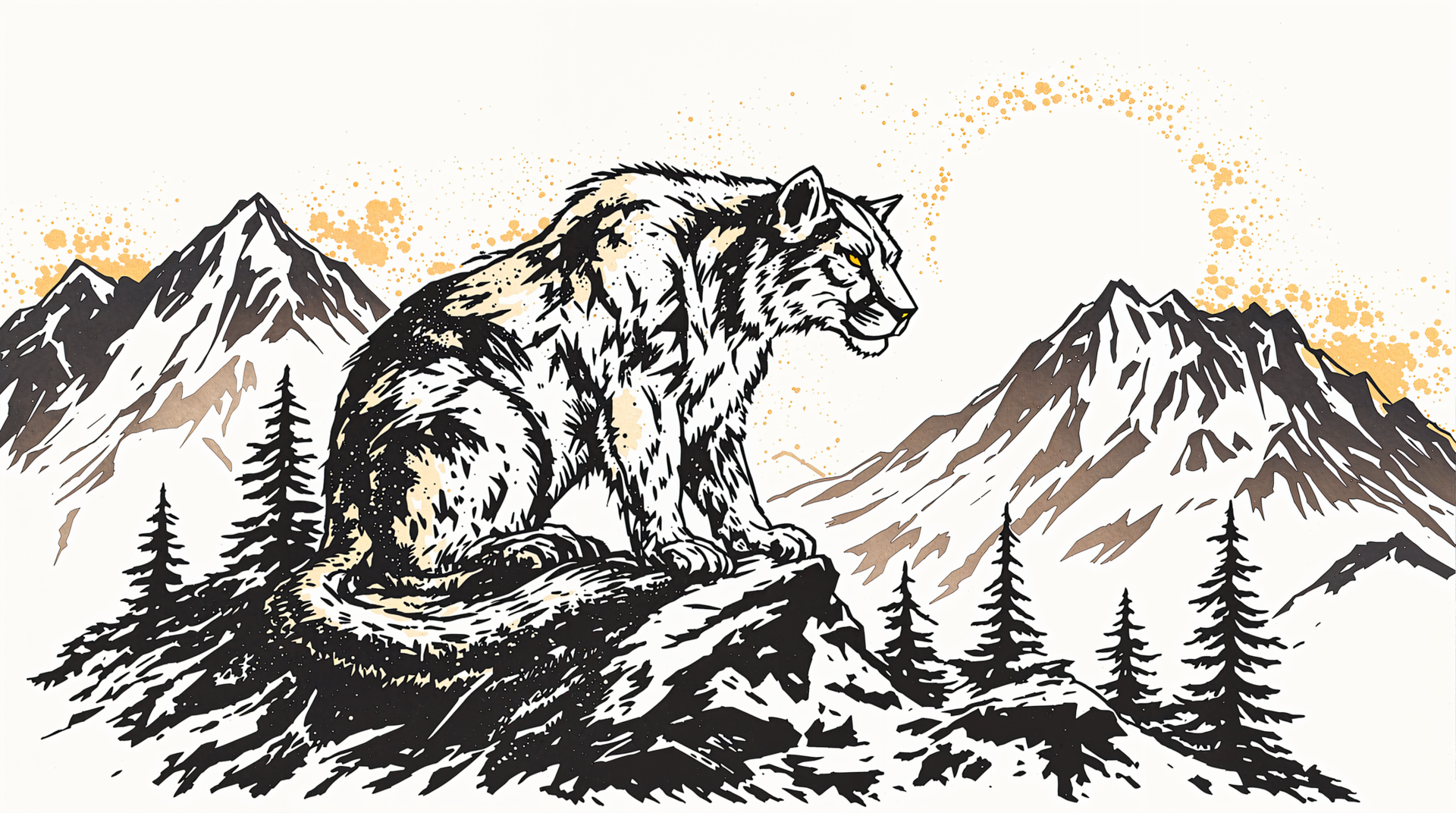 Mountain lion illustration perched on a rocky ledge above pine trees with jagged mountain peaks; 4K Ultra HD PC desktop wallpaper and background.