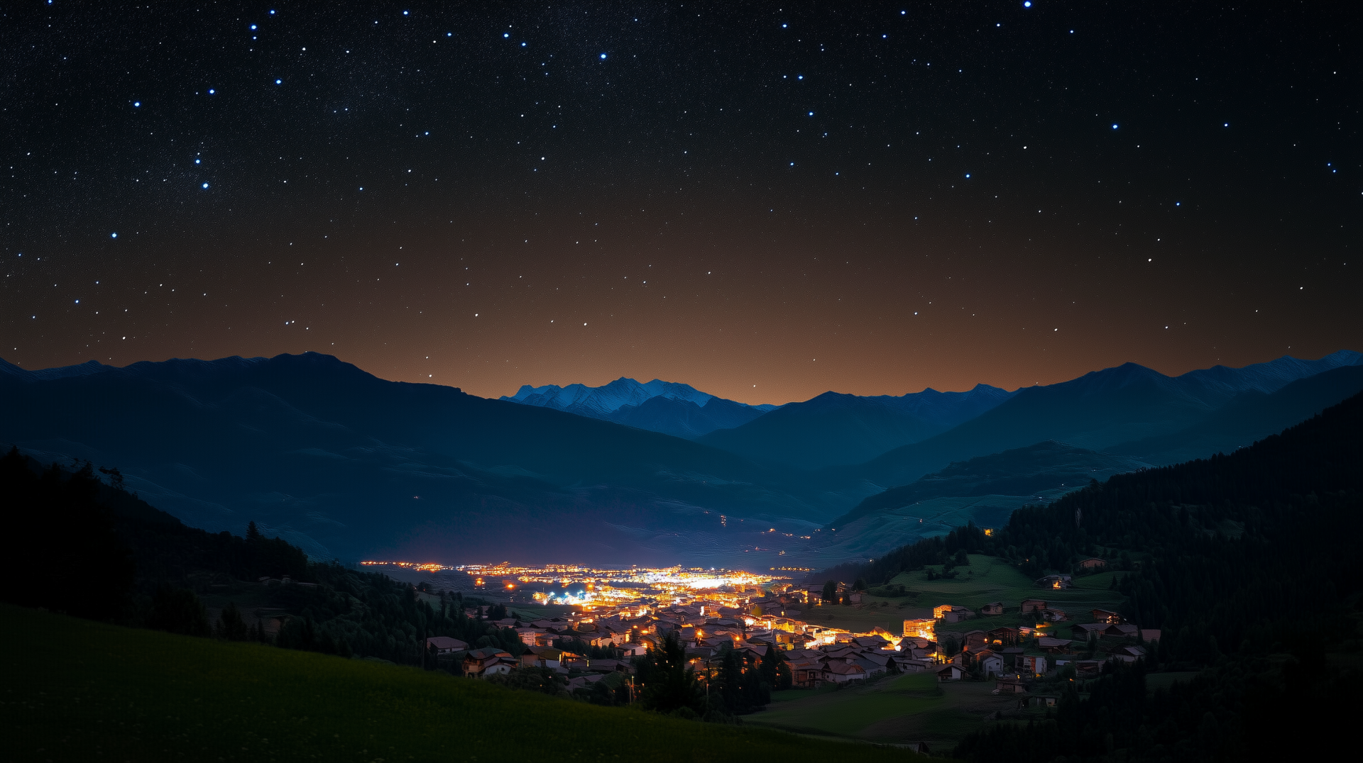 HD desktop wallpaper: serene mountain landscape at night, a starry sky over a glowing valley town nestled between dark peaks.