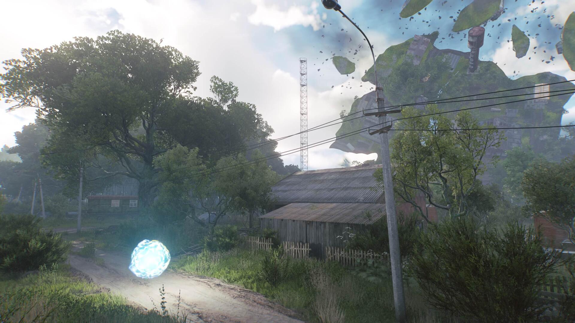 HD PC desktop wallpaper from the video game Active Matter: misty rural lane with a glowing orb, power lines and trees, debris and a shattered mountainside after a natural disaster.