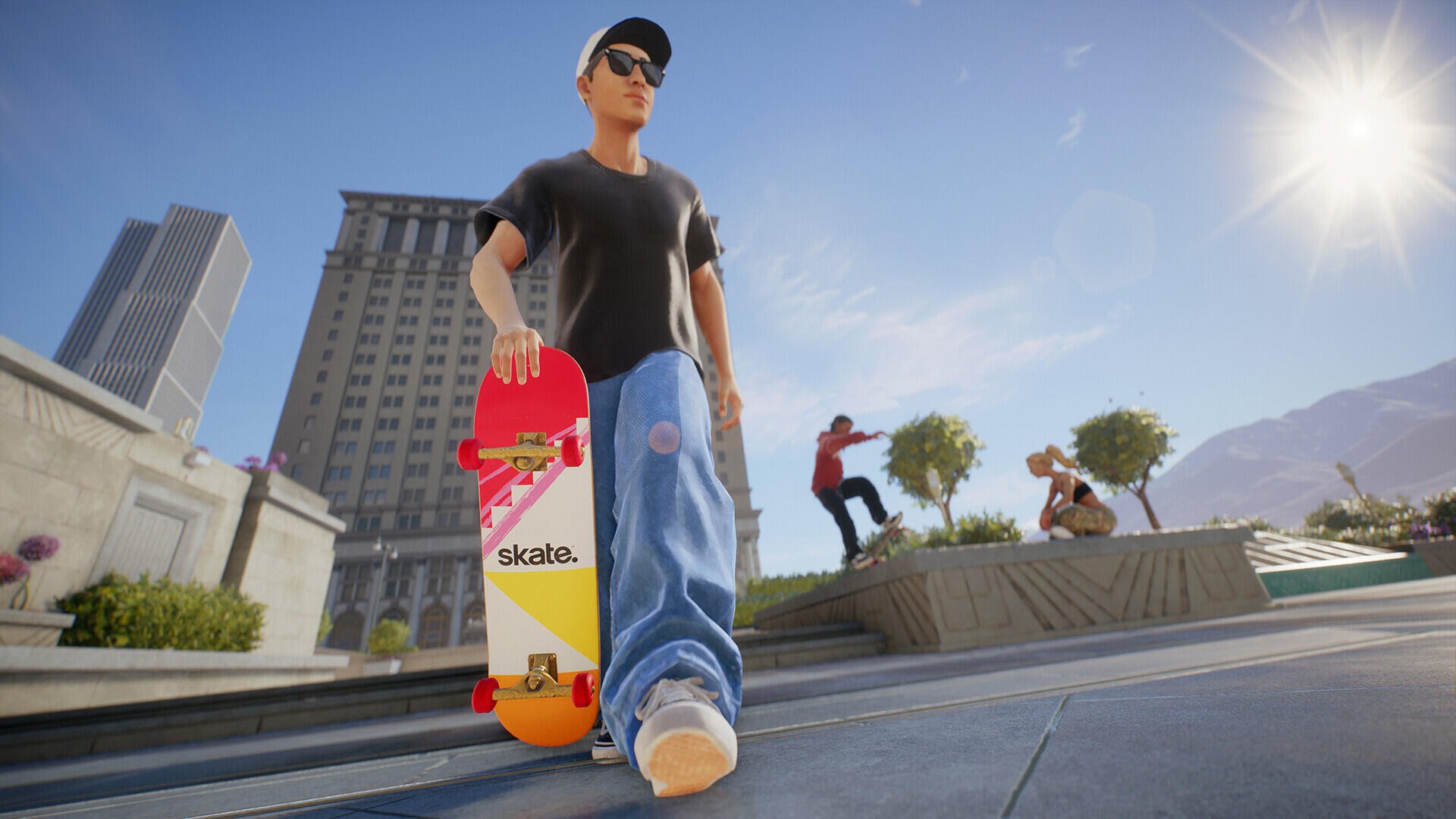 HD PC desktop wallpaper of Skate (video game): stylized skateboarder in sunglasses carrying a colorful deck across an urban plaza while others skate under a bright sun.