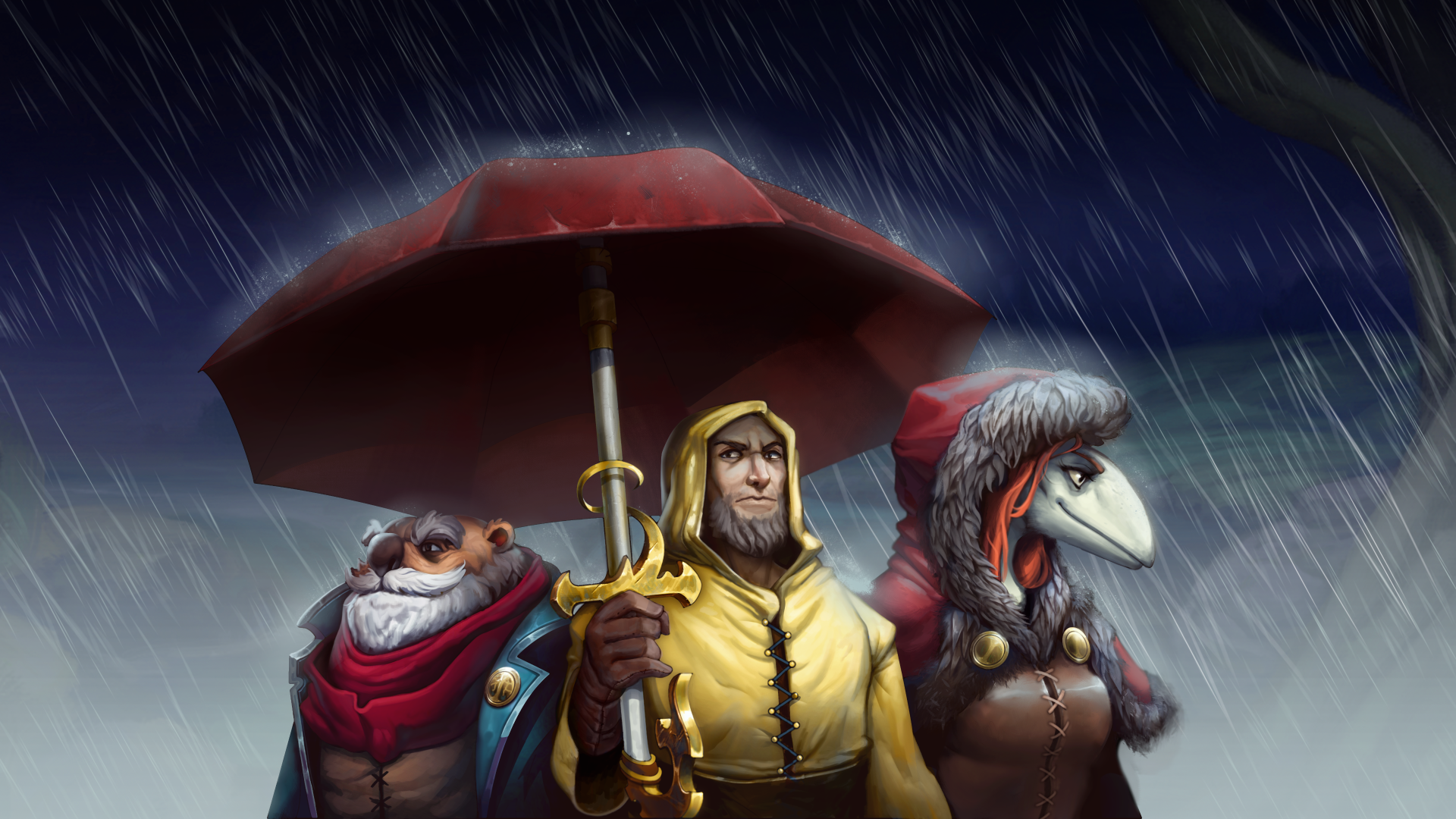 Against the Storm — 4K Ultra HD PC desktop wallpaper: hooded hero holding a red umbrella with two anthropomorphic companions standing in a driving rainstorm.