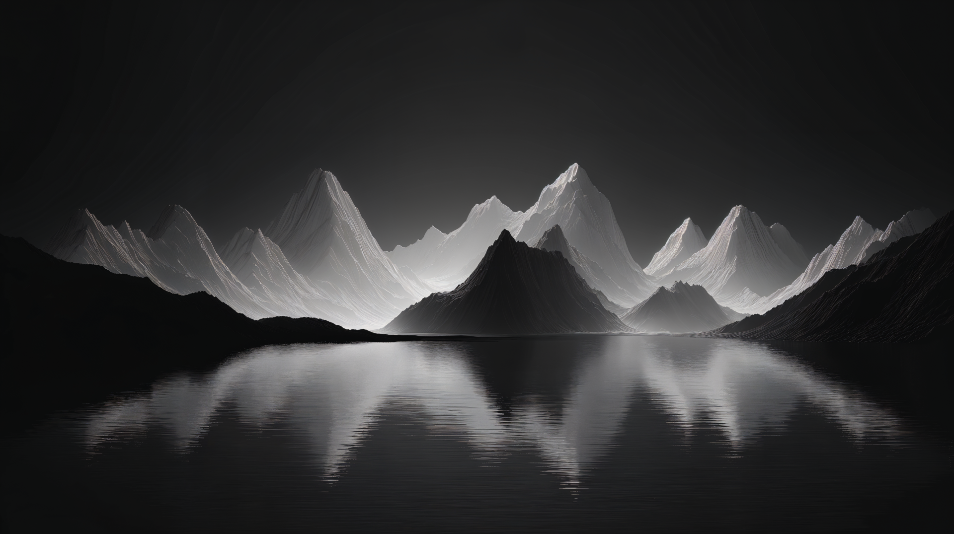Monochrome earth mountain range mirrored in calm water, minimalist 4K Ultra HD PC desktop wallpaper/background.