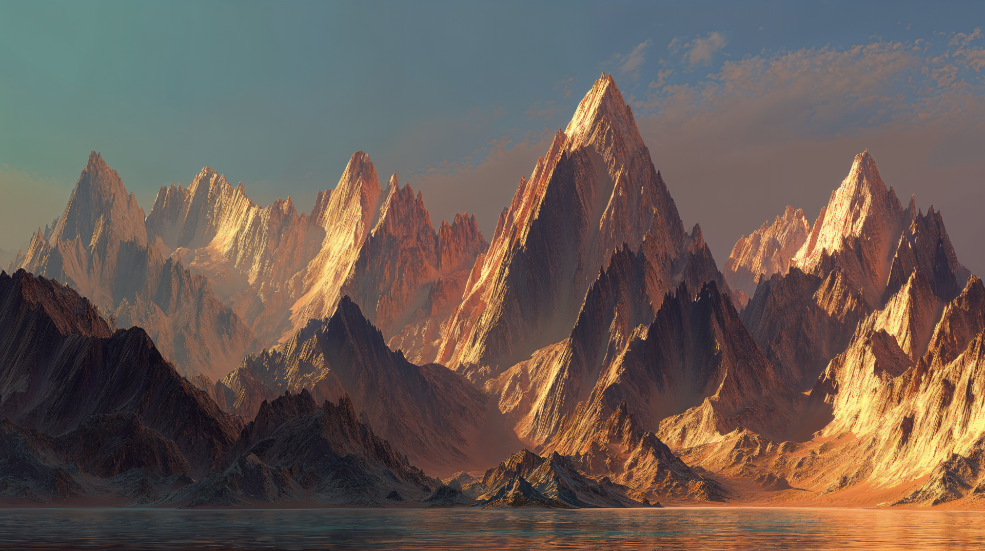 4K Ultra HD PC desktop wallpaper/background: jagged mountain peaks on Earth lit by golden sunset, their faces reflected in calm water.