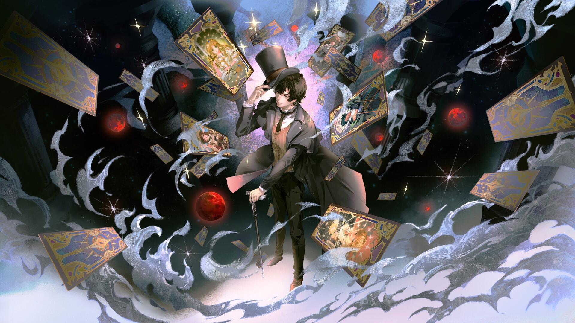Lord of Mysteries 4K Ultra HD PC desktop wallpaper: a top-hatted figure in a dark coat amid swirling tarot cards, black mist, arcane sigils, cosmic lights and floating red orbs.