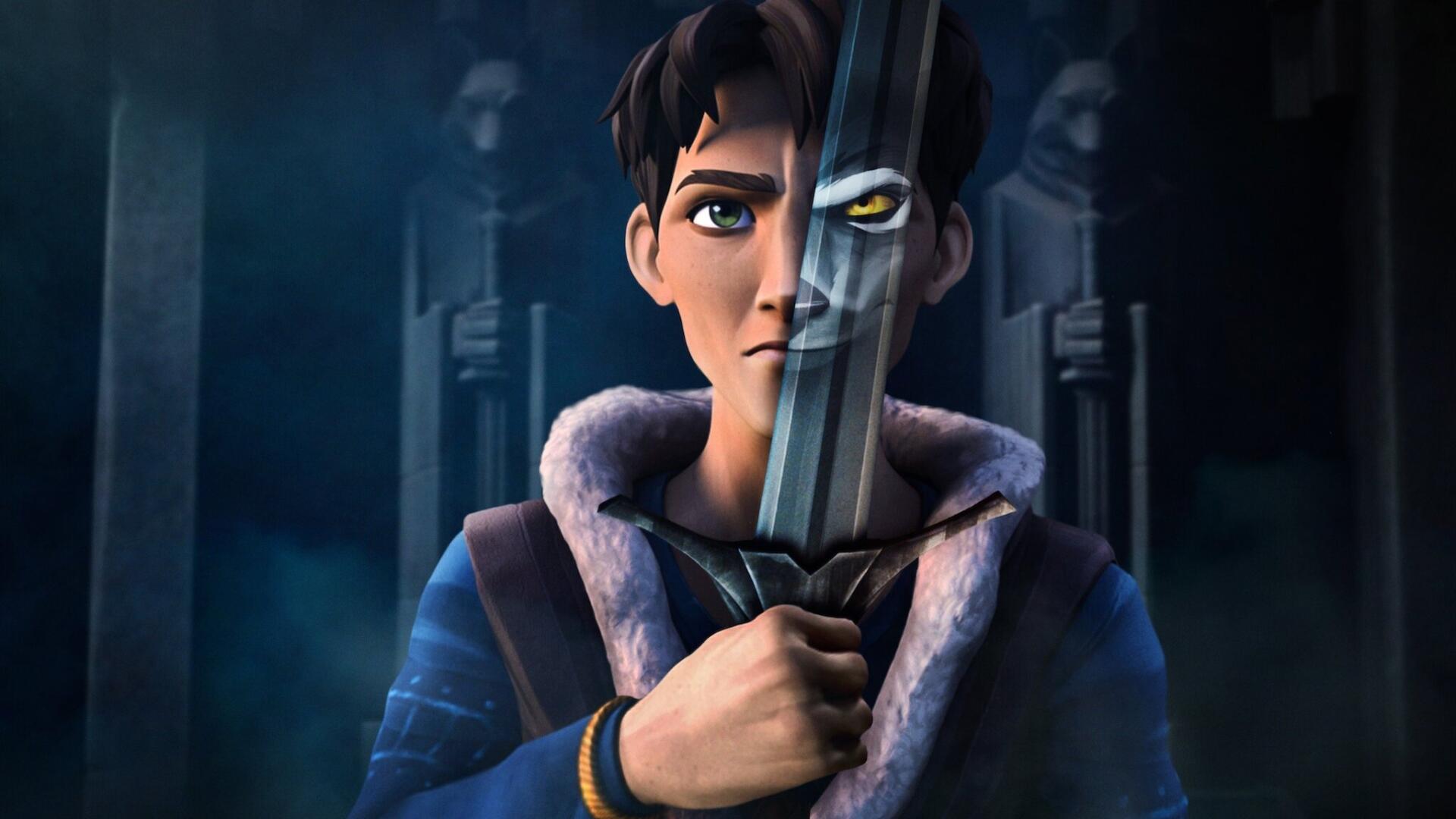 HD PC desktop wallpaper Wolf King — young man holds a sword to his face, image split showing a human eye and a glowing wolf eye, shadowy throne-room background.