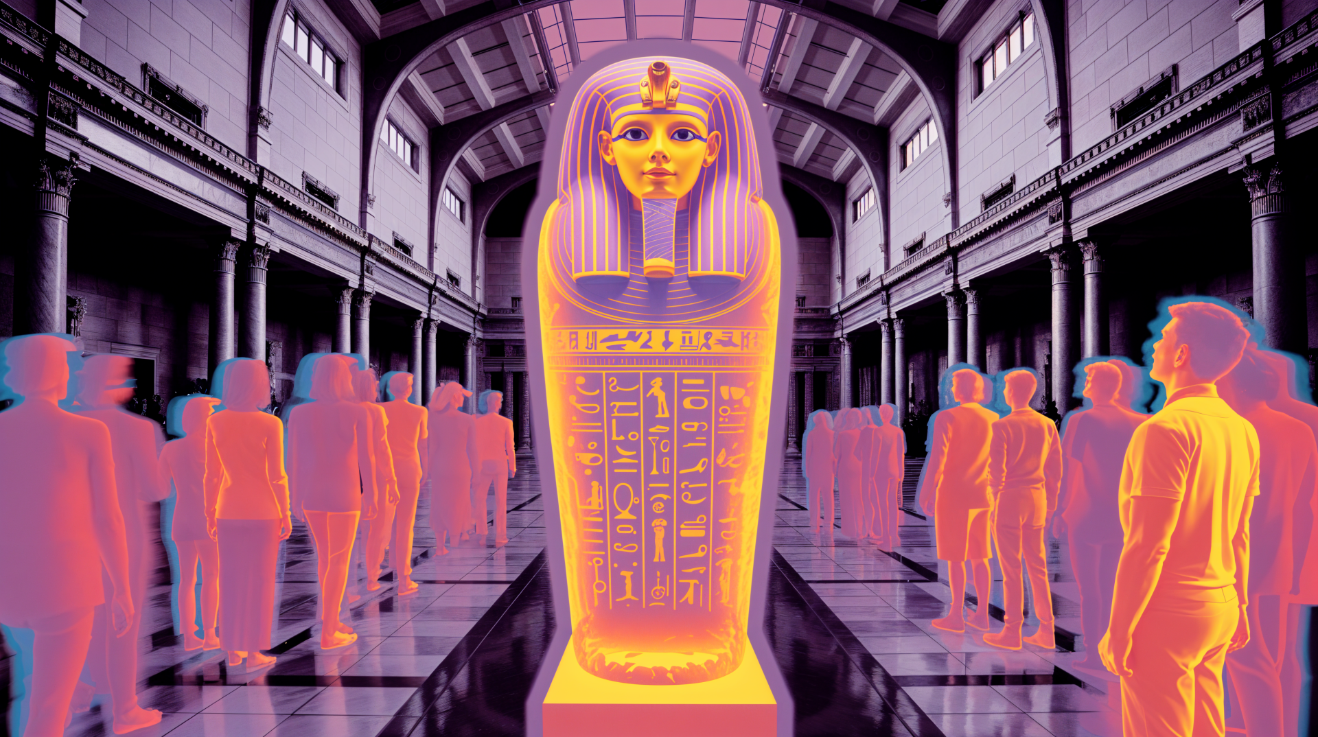 Neon thermal museum scene with a glowing Egyptian sarcophagus centered in a grand hall, silhouetted visitors around — 4K Ultra HD PC Desktop Wallpaper and Background.