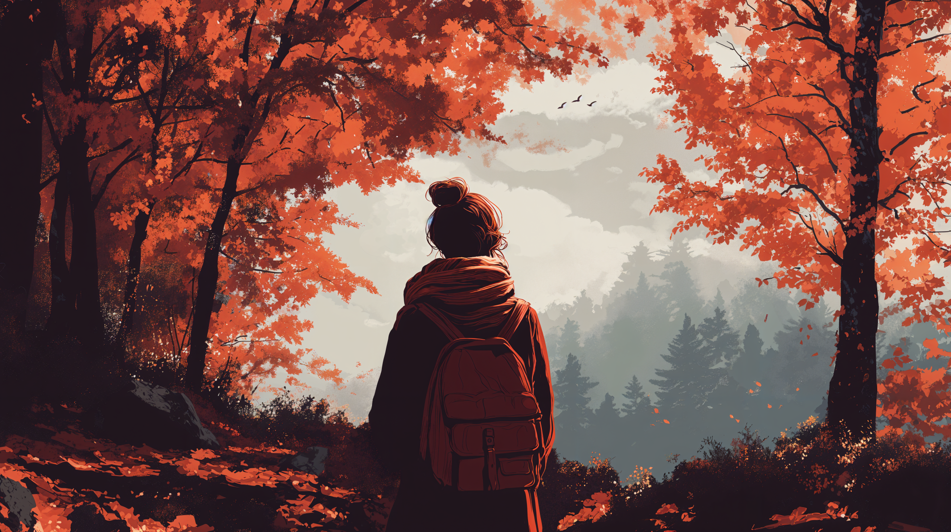 4K Ultra HD PC desktop wallpaper — autumn aesthetic: a lone backpacker stands beneath red-orange trees, overlooking a misty valley of pines and a cloudy sky.