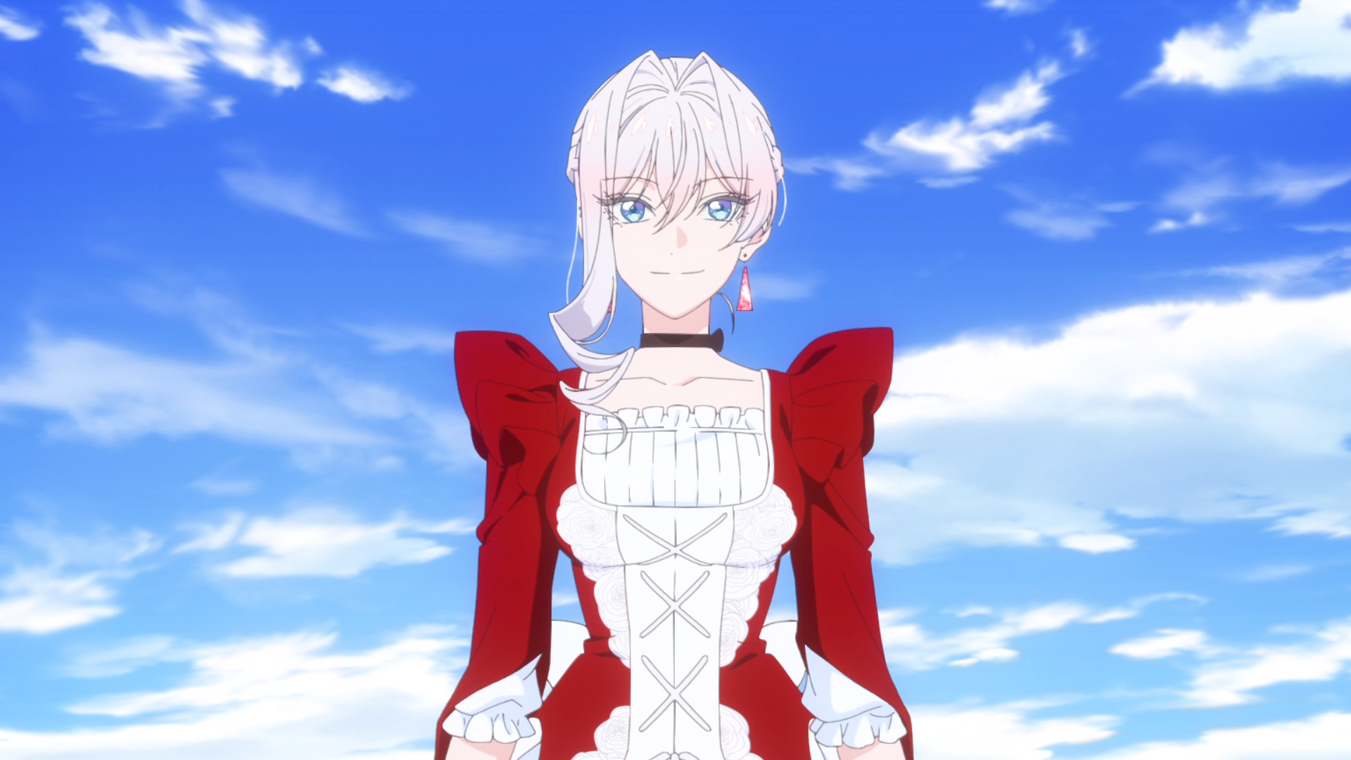 HD PC wallpaper: Anime character Scarlett El Vandimion from May I Ask for One Final Thing? stands in a red Victorian-style dress against a bright blue sky.