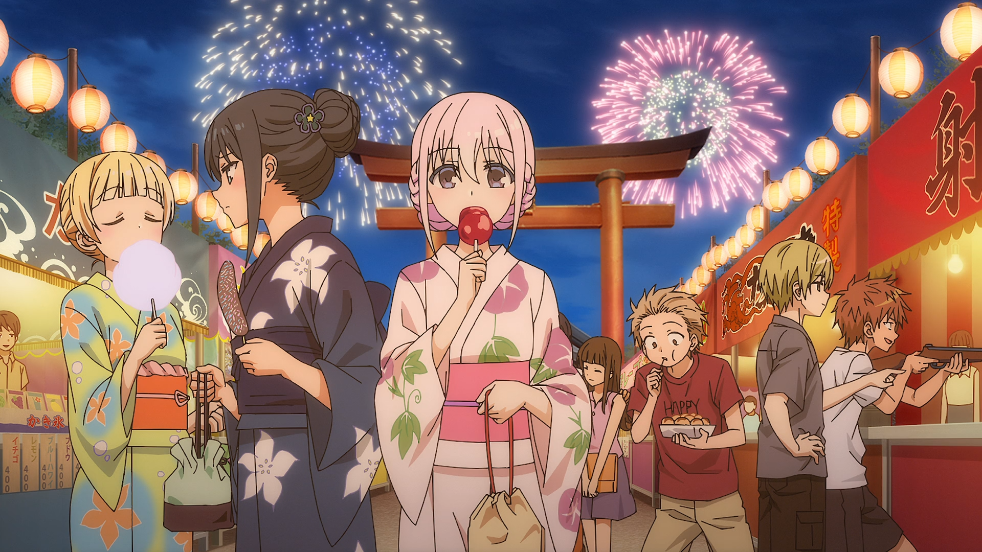 Anime HD PC desktop wallpaper and background: Inexpressive Kashiwada in a pink yukata holding a candy apple, with expressive Oota and friends amid lanterns and fireworks at a festival.