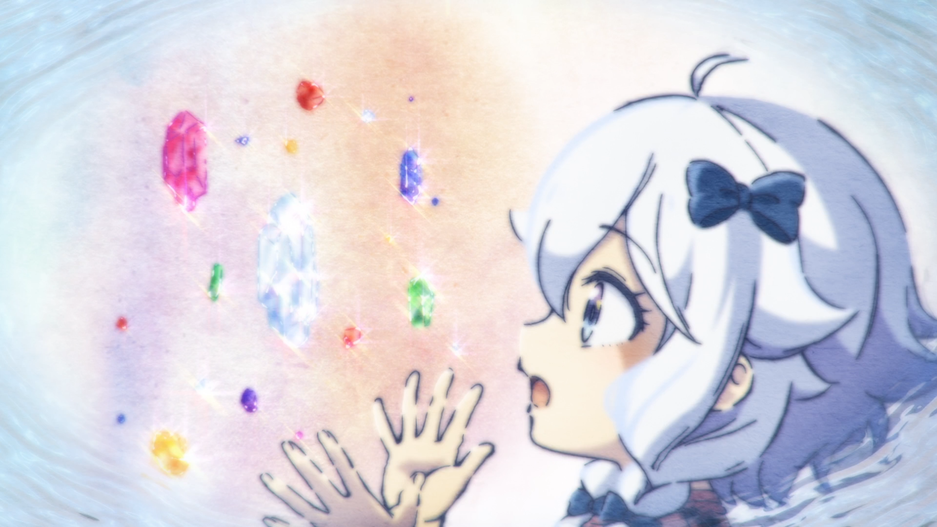 Anime HD PC desktop background: Ellen (Dad is a Hero, Mom is a Spirit, I'm a Reincarnator) — white‑haired girl with a bow reaching toward glowing colorful crystals in a pastel sky.