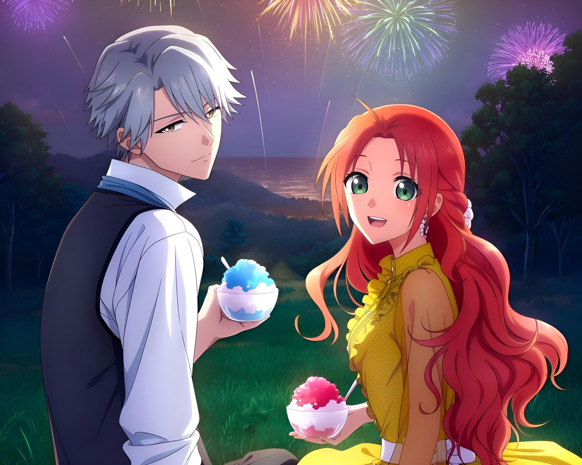 Anime 2K Quad HD PC desktop wallpaper: Melphiera Marchalrayd and Aristide Roger de Galbraith from Pass the Monster Meat Milady! share colorful shaved-ice at dusk in a moonlit meadow.