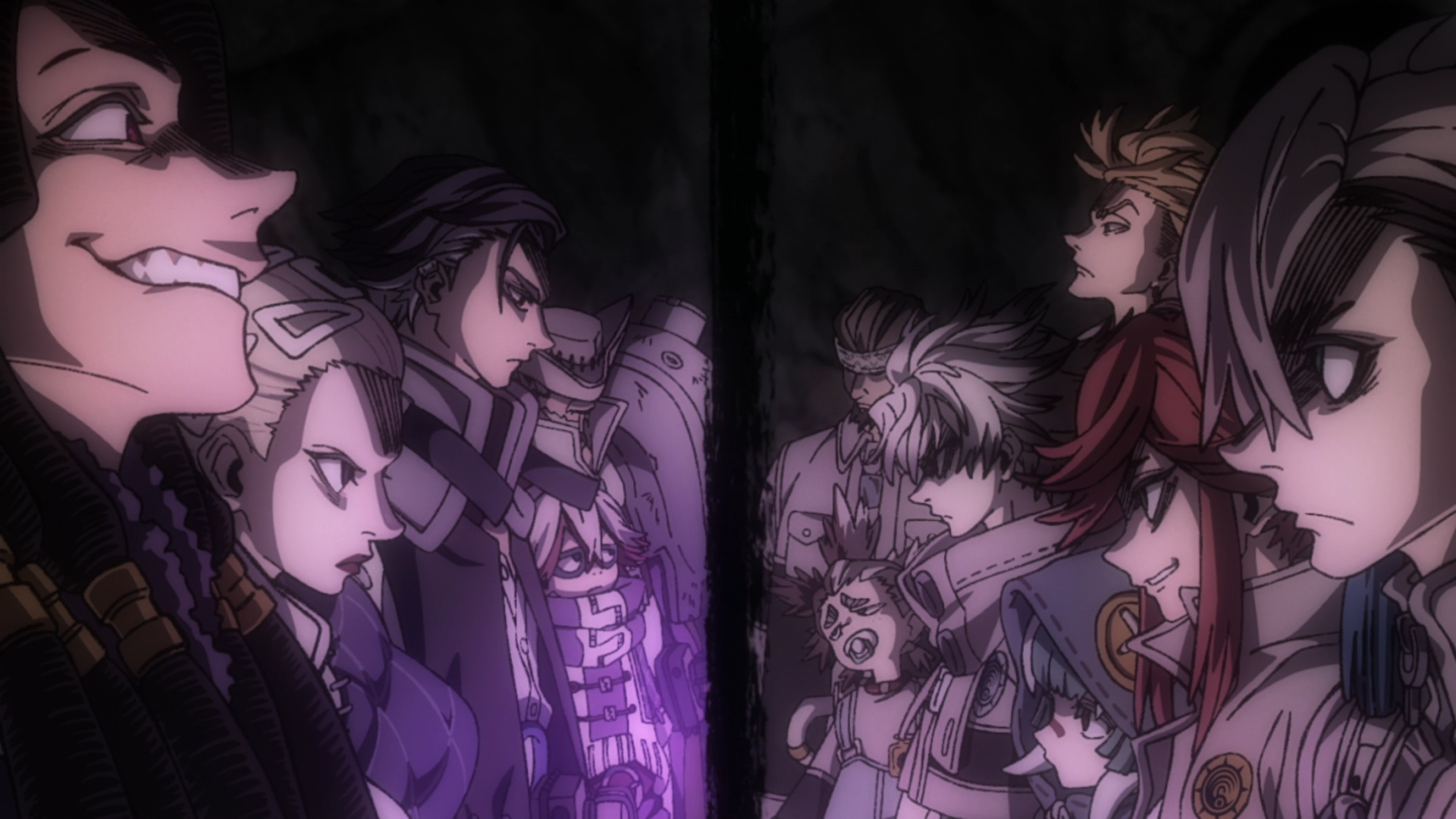 Anime HD PC desktop wallpaper (Gachiakuta): two opposing rows of stylized warriors face off across a dark divide, bathed in moody purple lighting.