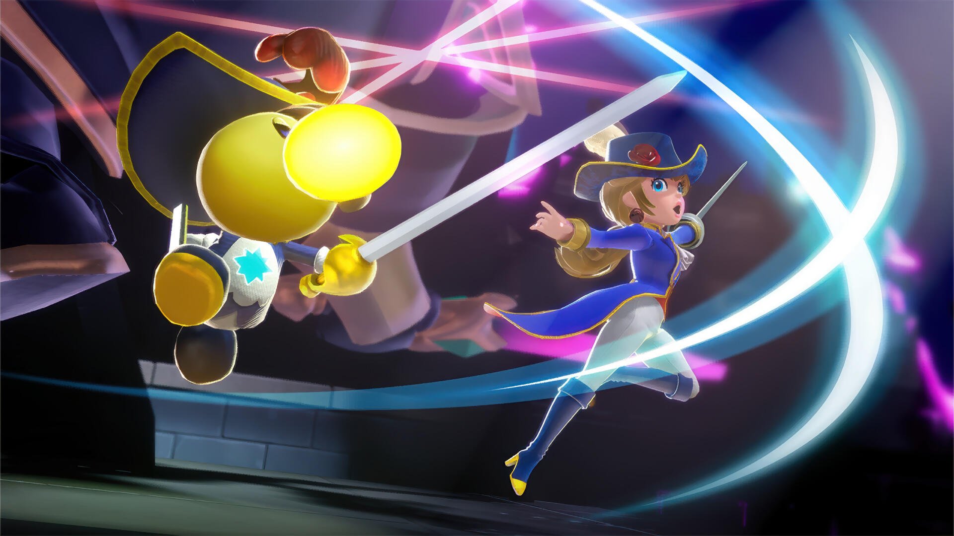 HD PC desktop wallpaper and background — Princess Peach Showtime!: Peach in a theatrical costume throwing swirling ribbons of light and bright spotlights across a stage.