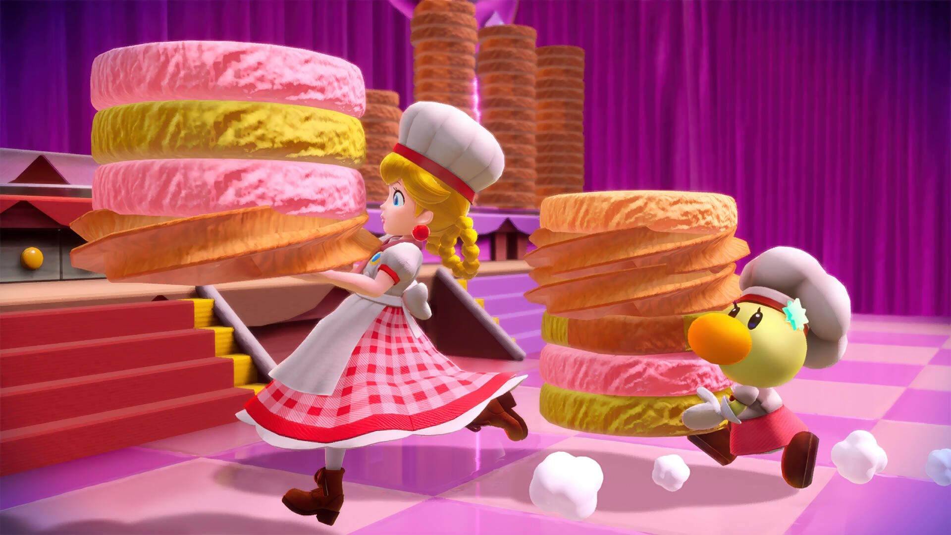 Princess Peach Showtime! HD PC desktop wallpaper and background: Princess Peach in a pink chef dress and a Toad assistant carrying towering layered cakes across a bright pink stage.