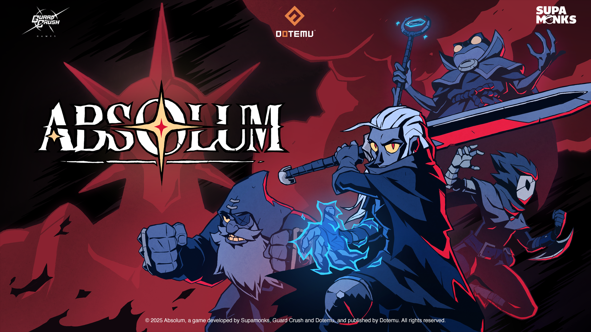 HD PC desktop wallpaper for the video game Absolum: hooded swordsman channeling blue magic, armored allies and beasts against a red smoky backdrop.