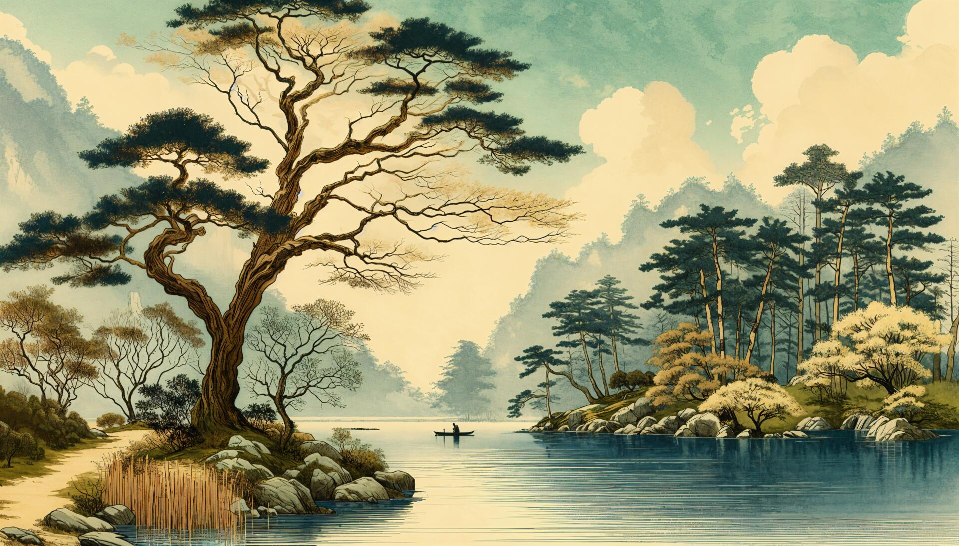 4K Ultra HD PC desktop wallpaper and background: serene Japanese-style painting of a tranquil lake framed by gnarled trees and pine-covered isles under a pastel sky.