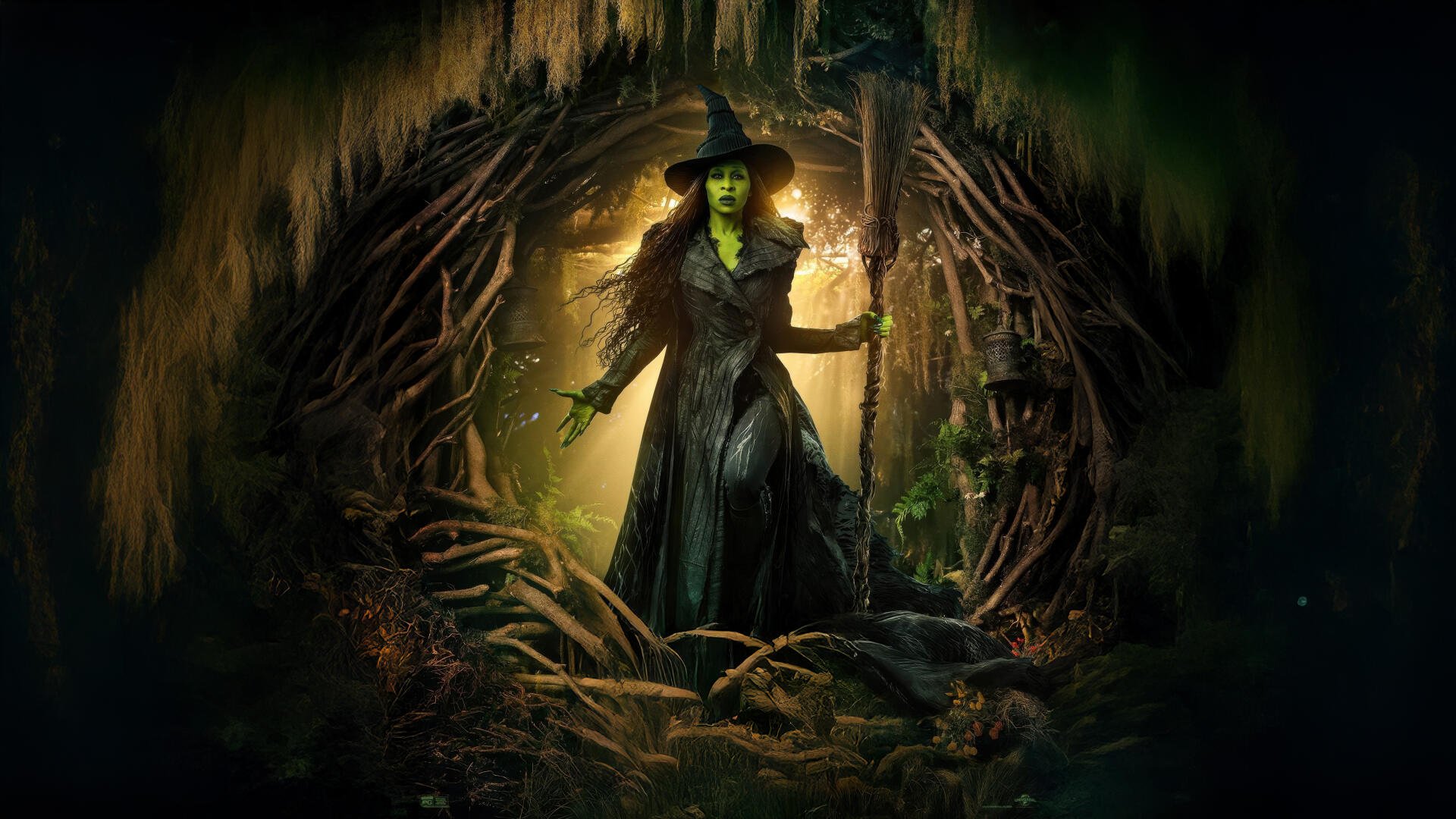 Wicked: For Good — green-skinned witch in a black gown and hat stands framed by a glowing circular wooden arch in a dark forest; 5K Ultra HD PC desktop wallpaper/background.