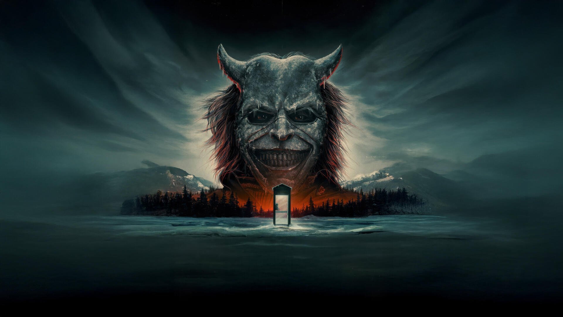 Sinister horned demon looming over a glowing handset on a stormy shoreline — The Black Phone 4K Ultra HD PC desktop wallpaper/background.