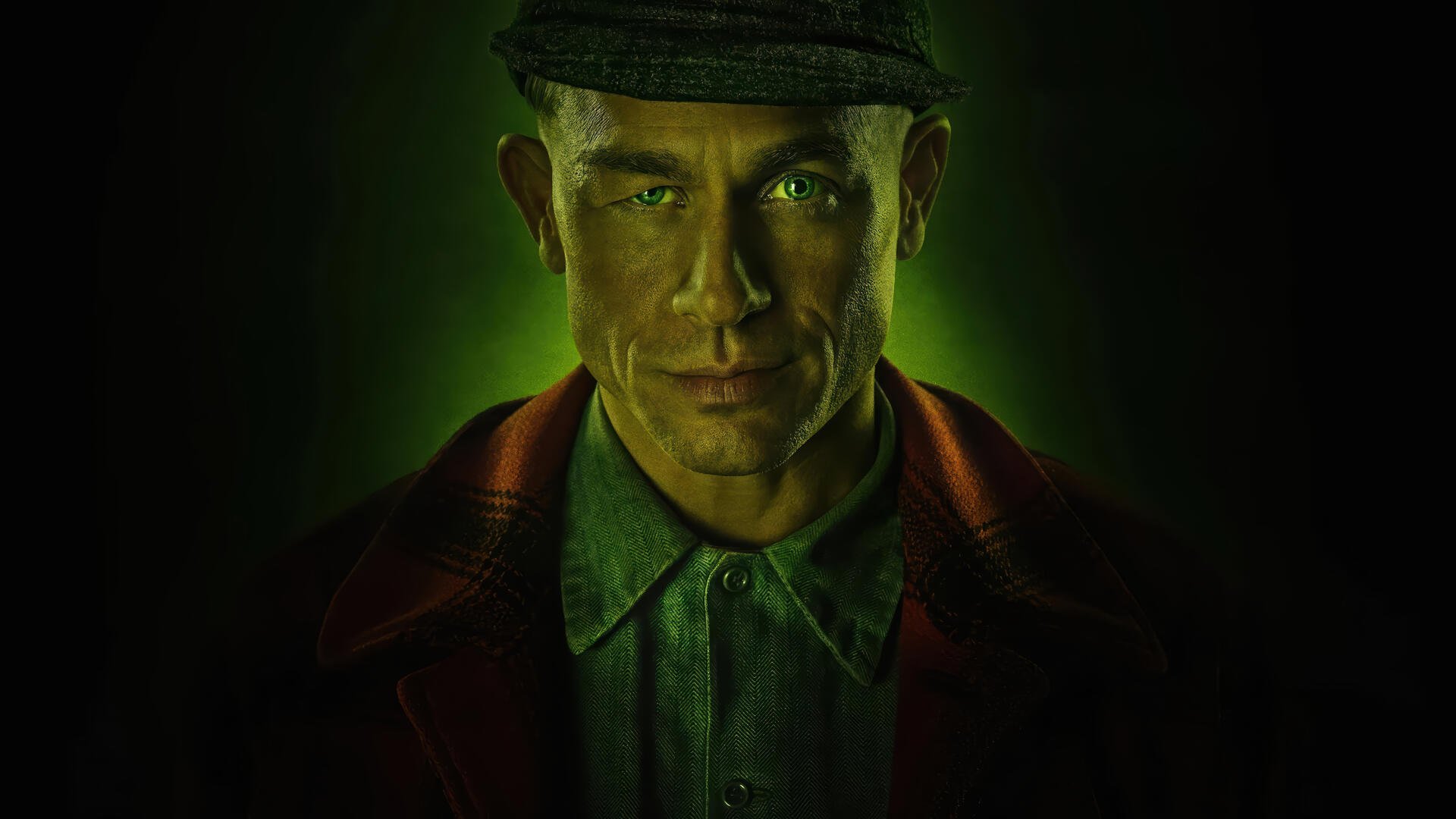 Sinister green-lit portrait from Monster: The Ed Gein Story — 4K Ultra HD PC desktop wallpaper and background.