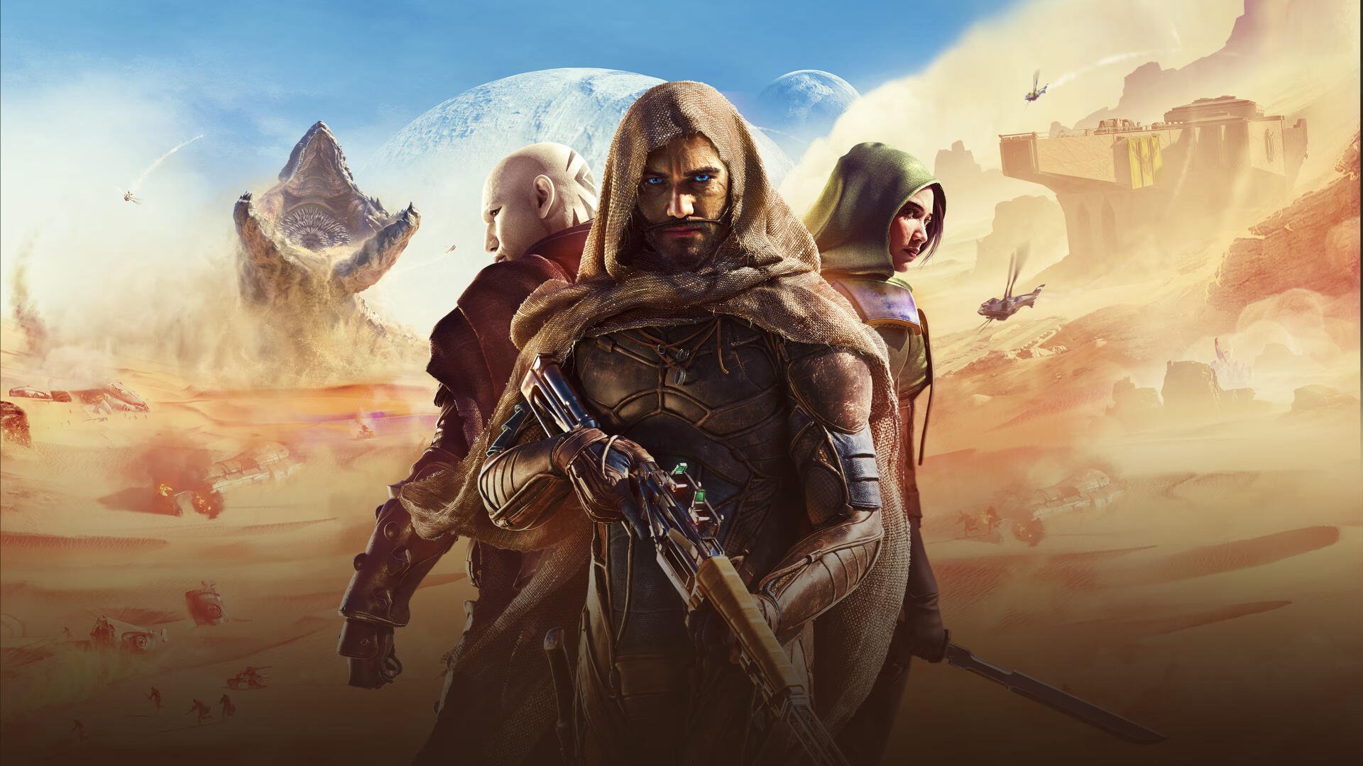 Dune: Awakening 4K Ultra HD PC desktop wallpaper and background featuring three hooded fighters standing in a windswept desert with a looming fortress and distant sandstorm.