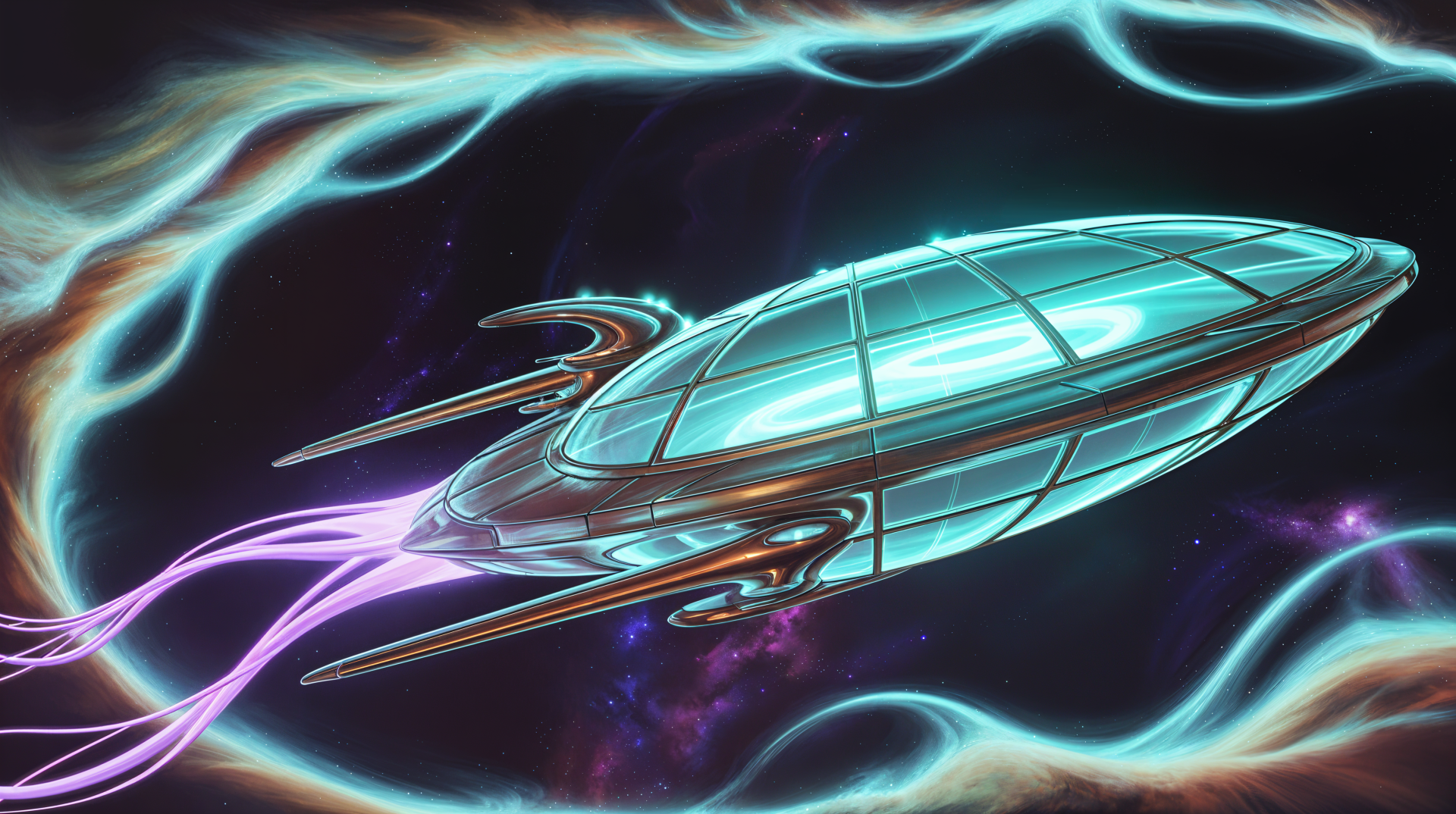 Neon phantom ship with glowing turquoise hull and purple energy trails in deep space — 4K Ultra HD PC desktop wallpaper background.