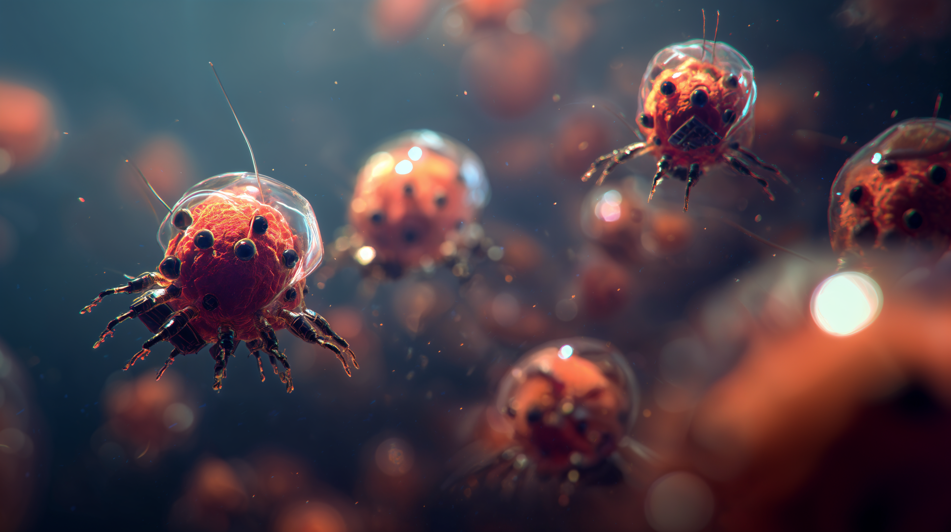 Sci-Fi nanotech swarm of glowing mechanical micro-drones, floating like metallic mites in soft bokeh — 4K Ultra HD PC desktop wallpaper and background.