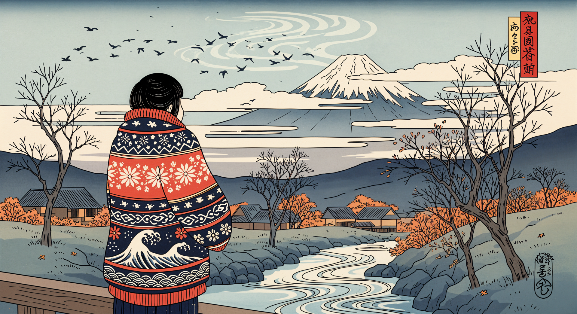Sweater weather: person in a patterned knit looks toward Mount Fuji, a winding river, autumn trees and birds overhead — 4K Ultra HD PC desktop wallpaper and background.