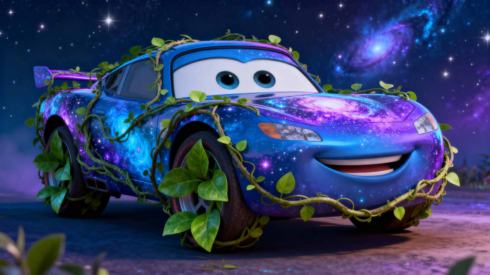 4K Ultra HD PC desktop wallpaper: Lightning McQueen (Cars, Pixar) with galaxy-pattern paint and green vines wrapped around wheels, grinning under a starry cosmic night sky.