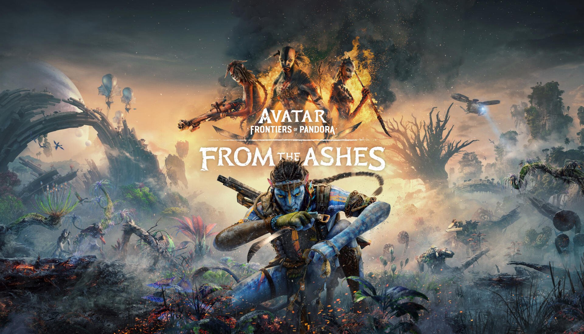 Avatar: Frontiers of Pandora 5K Ultra HD PC wallpaper — blue Na'vi warrior crouches in an ash‑scorched alien jungle, flames and flying craft behind, game title From the Ashes.