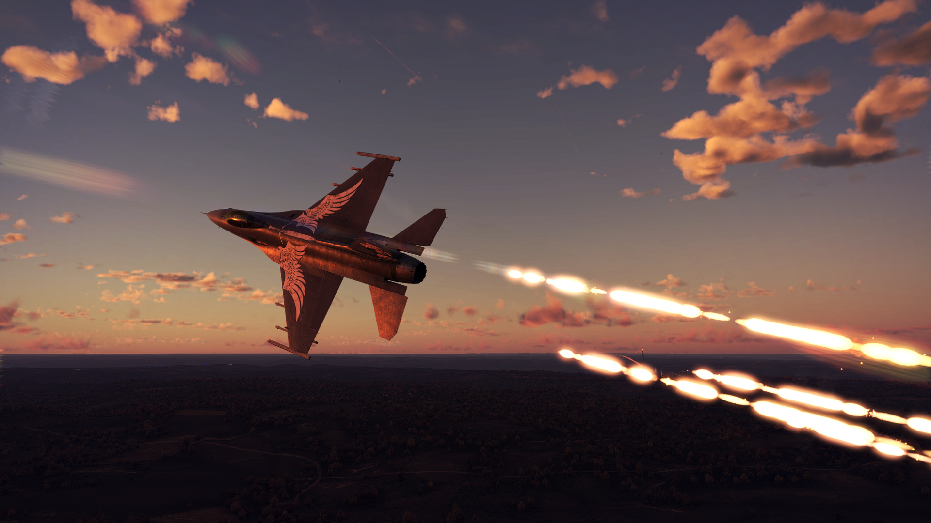 4K Ultra HD PC desktop wallpaper/background from the video game War Thunder showing a Lockheed Martin F-16 Fighting Falcon firing flares over a sunset horizon.