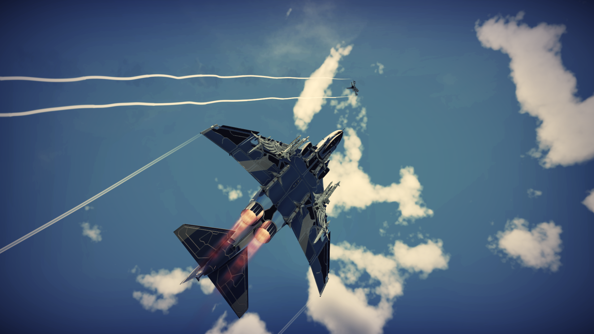 HD PC desktop wallpaper: McDonnell Douglas F-4 Phantom II from War Thunder diving through clouds, afterburners glowing and contrails streaking.