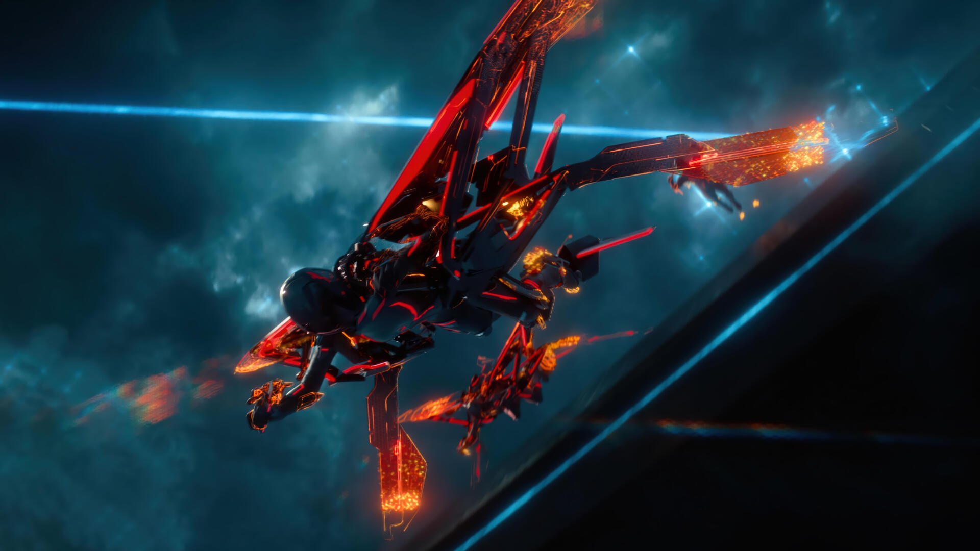 Tron: Ares 4K Ultra HD PC desktop wallpaper and background — red-orange glowing cybernetic craft streaks through neon-blue grided space, trailing sparks and fractured light beams.