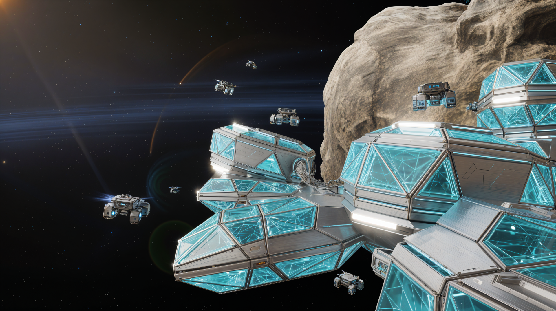 4K Ultra HD PC desktop wallpaper/background: asteroid mining colony with glassy modular habitats attached to a rocky asteroid, small drones and shuttles operating in orbit.