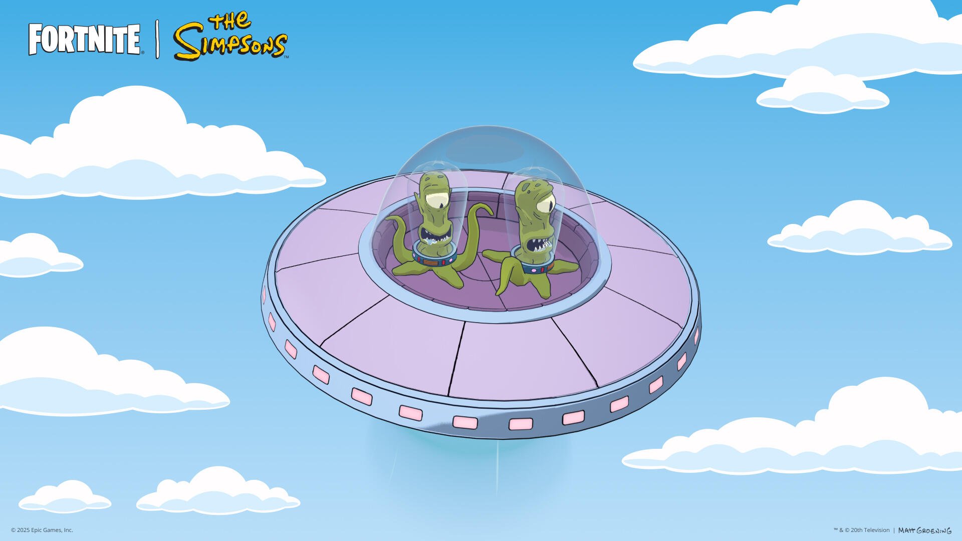 HD PC desktop wallpaper: Fortnite × The Simpsons — two green aliens in a pink UFO floating among clouds against a bright blue sky (video game artwork).
