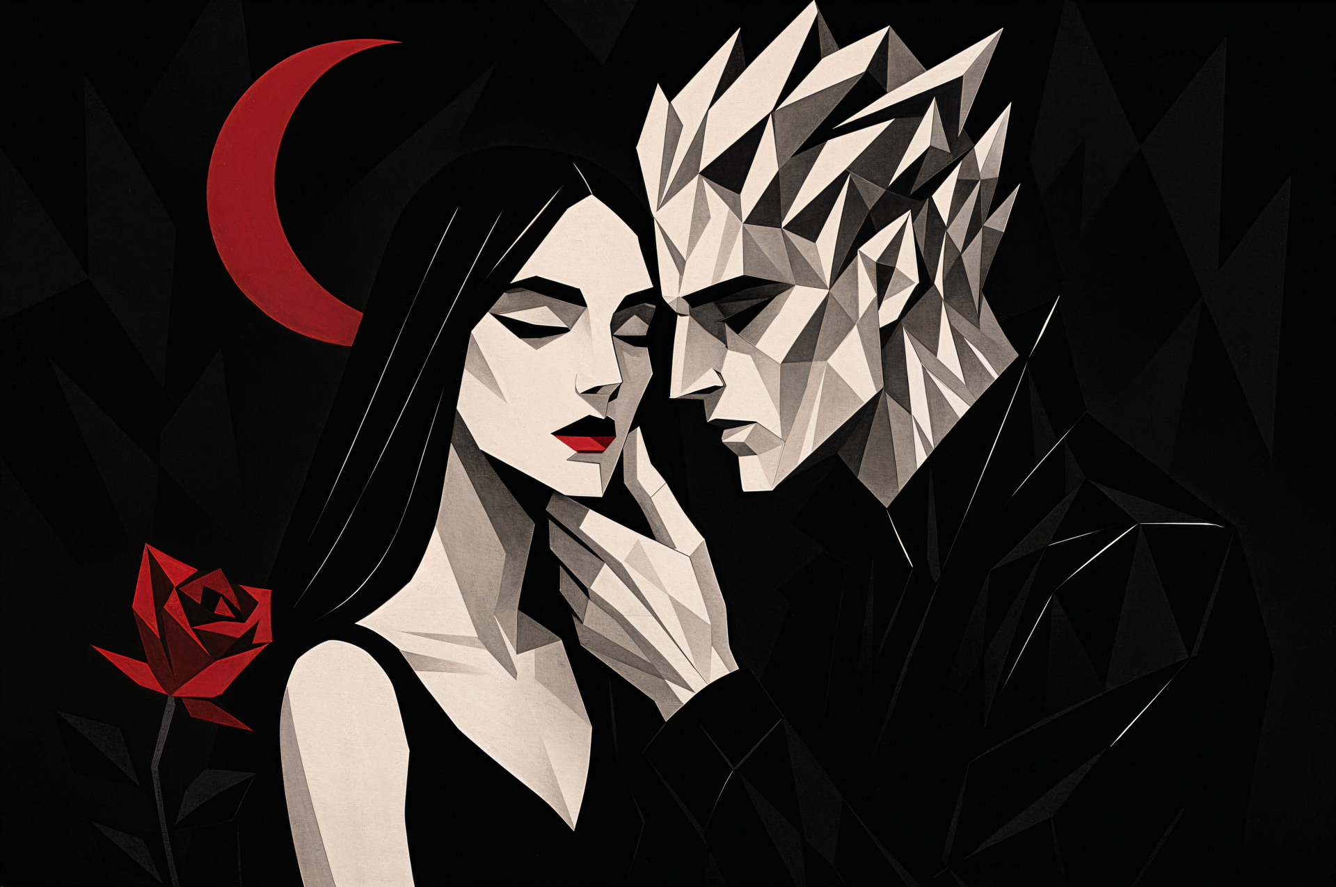 Dark romance 4K Ultra HD PC desktop wallpaper and background: polygonal pale man and black‑haired woman in intimate pose, red crescent moon and rose against a geometric black background.