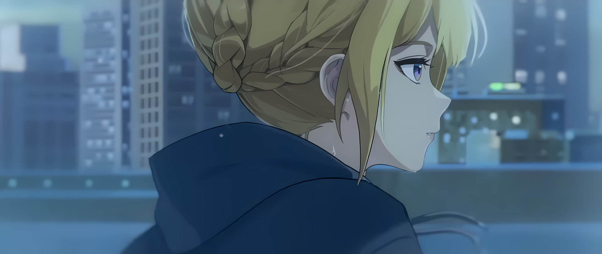 Side profile of Evelyn Chevalier, blonde from the video game Zenless Zone Zero, braided hair and coat gazing over a neon city at night — 2K Quad HD PC desktop wallpaper/background.