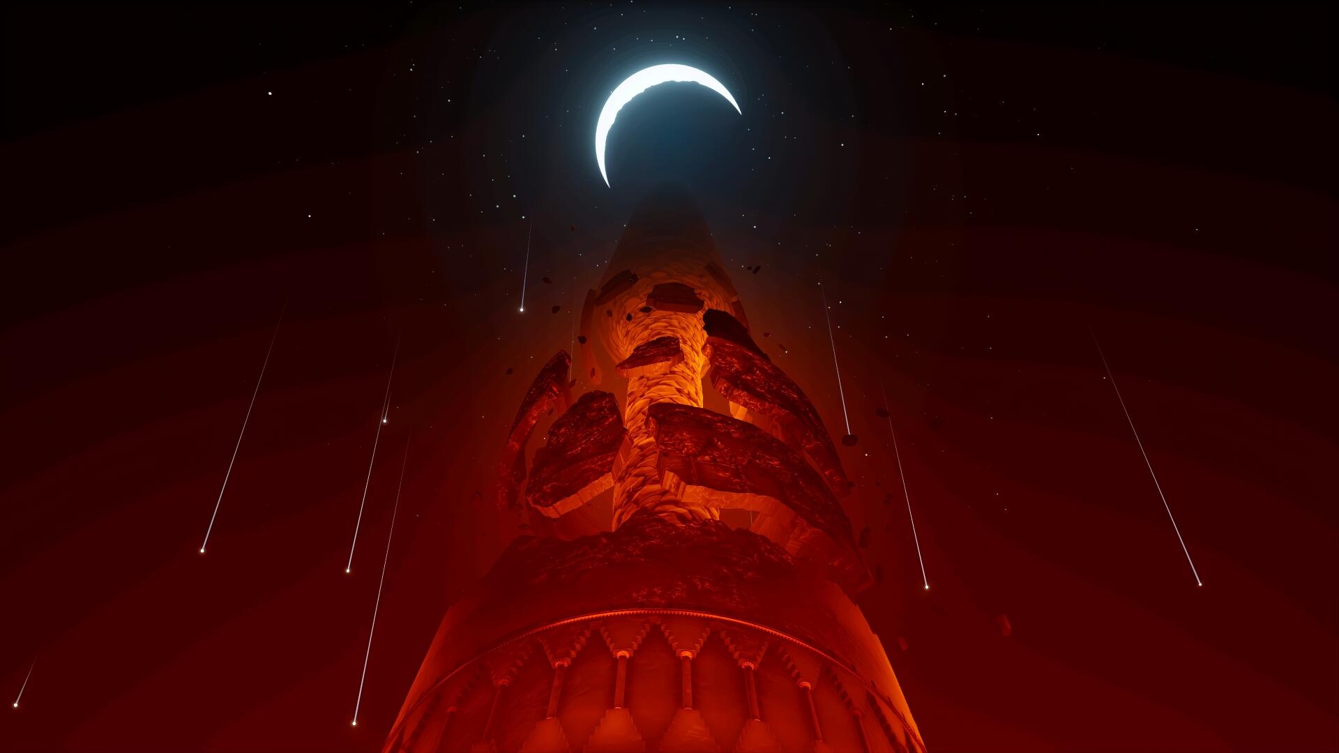 4K Ultra HD PC desktop wallpaper from the video game Sword of the Sea: looming red skull tower beneath a crescent moon, meteors streaking through a dark, ominous sky.