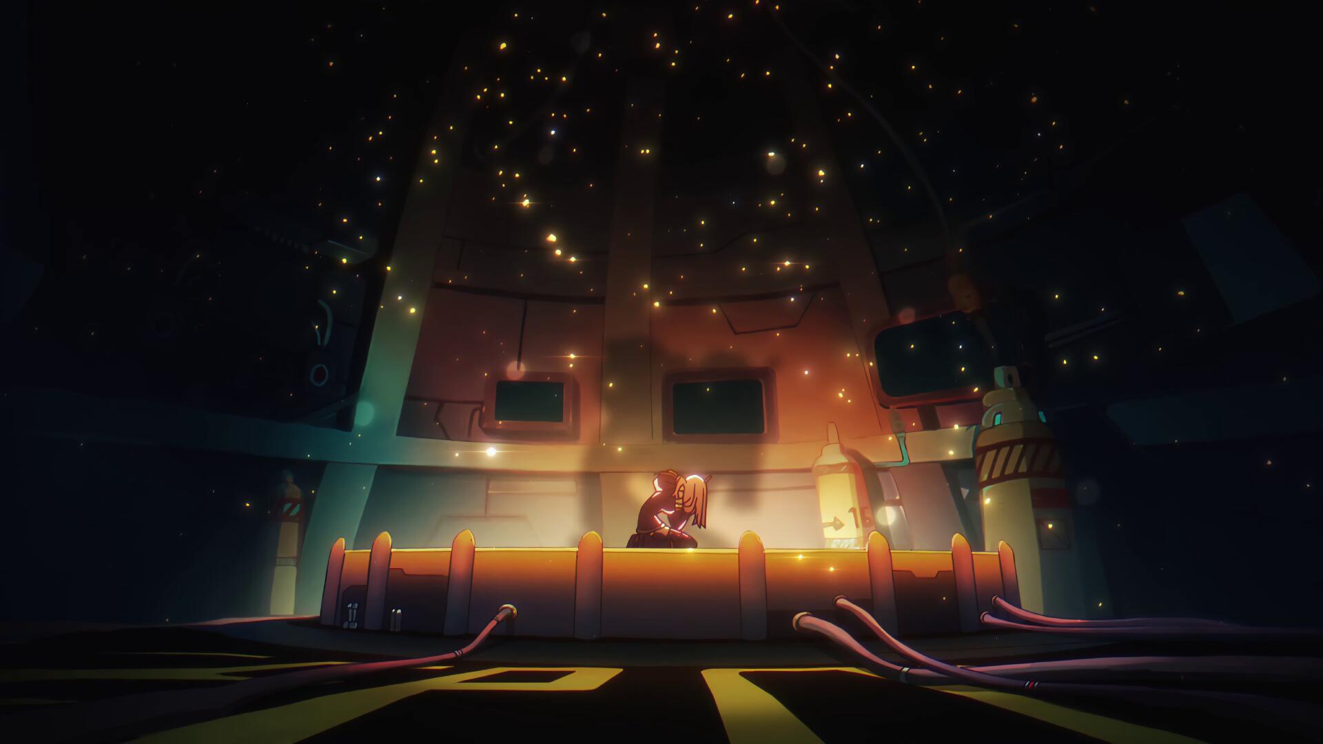 Anime 4K Ultra HD PC desktop wallpaper of Jewelry Bonney (One Piece) sitting on a neon-lit platform, surrounded by warm lights and floating sparkles in a moody, cinematic scene.