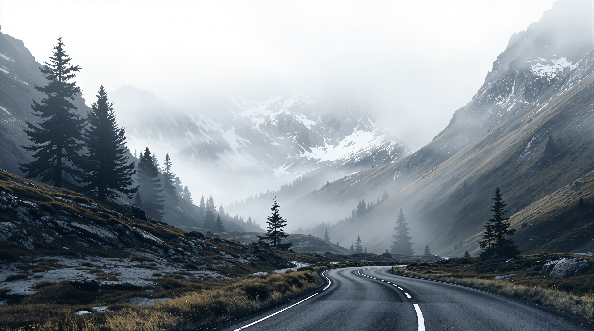 Foggy mountain pass with a winding road through pine-clad slopes and mist-filled valleys — 4K Ultra HD PC desktop wallpaper and background.