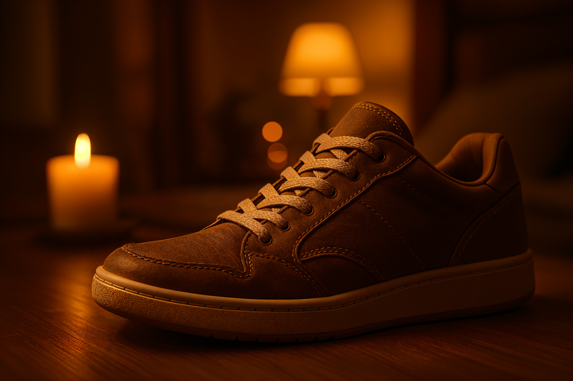 Close-up of a brown casual sneaker on a wooden surface, warm candlelit bokeh background — 4K Ultra HD PC desktop wallpaper and background.