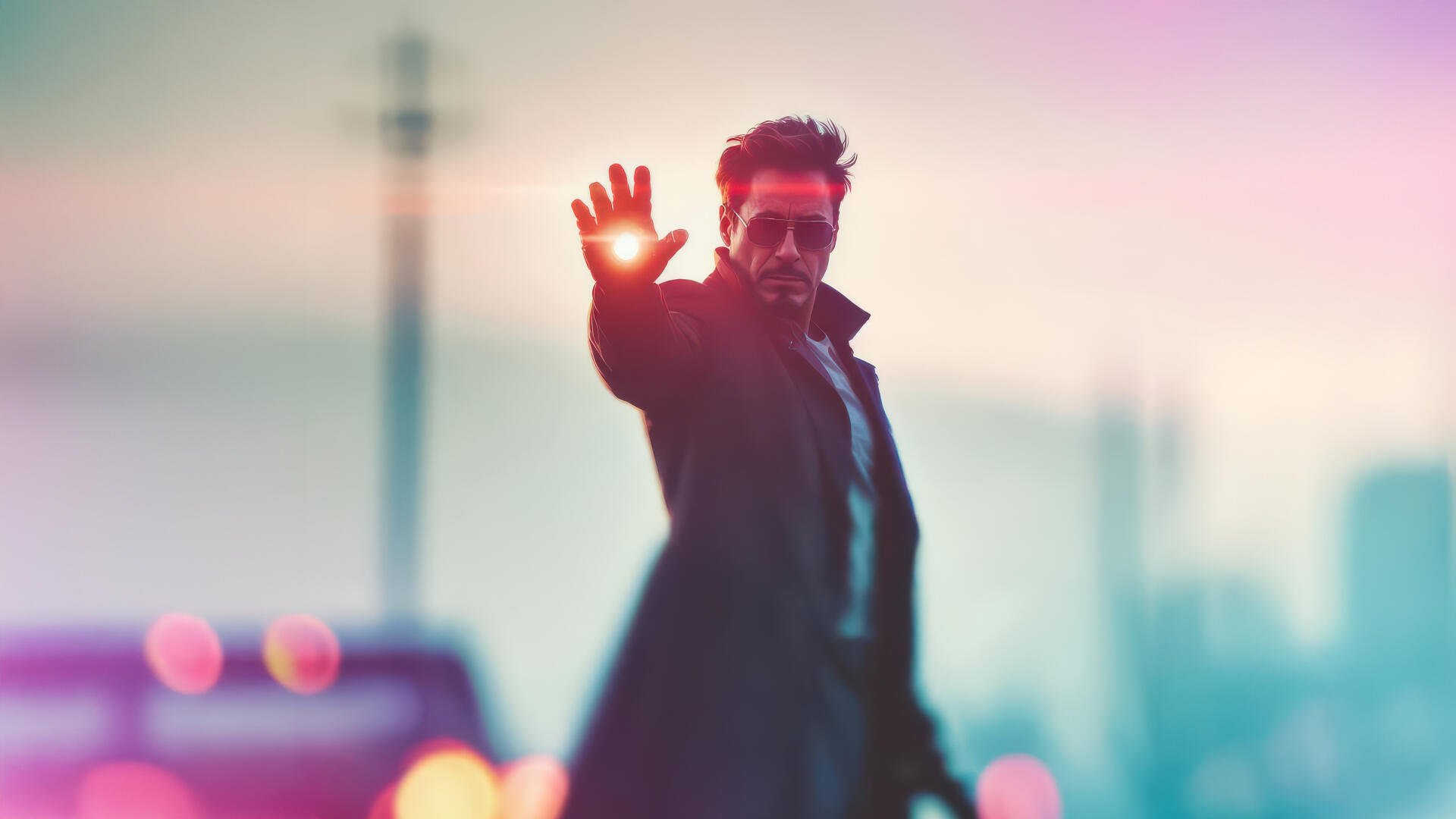 4K Ultra HD PC wallpaper of superhero Tony Stark/Iron Man extending his hand, firing a red laser beam into a blurred urban skyline background.