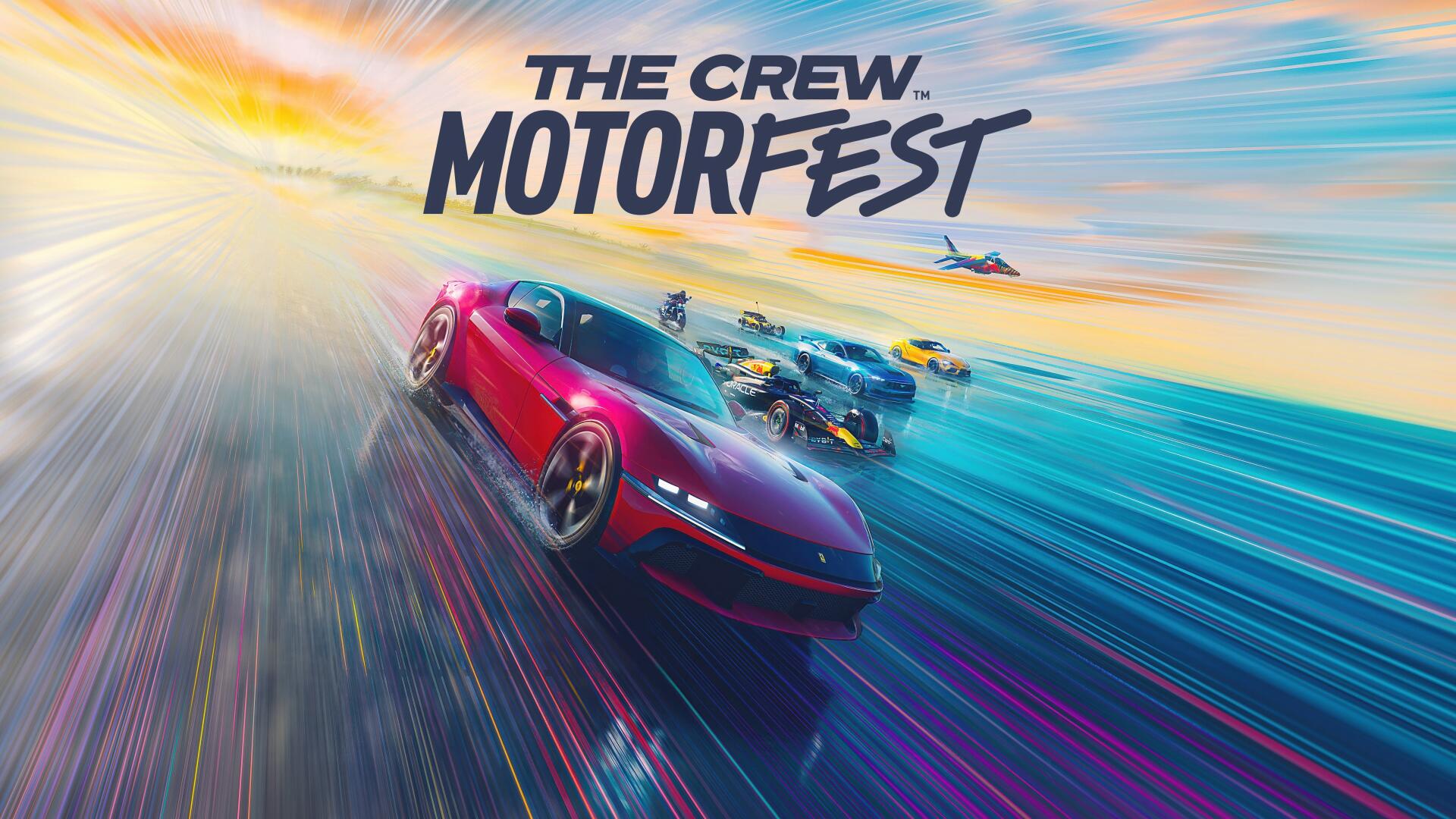 4K Ultra HD PC desktop wallpaper for the video game The Crew Motorfest: red Ferrari 12Cilindri leads a high-speed pack racing along a vibrant coastal road background.