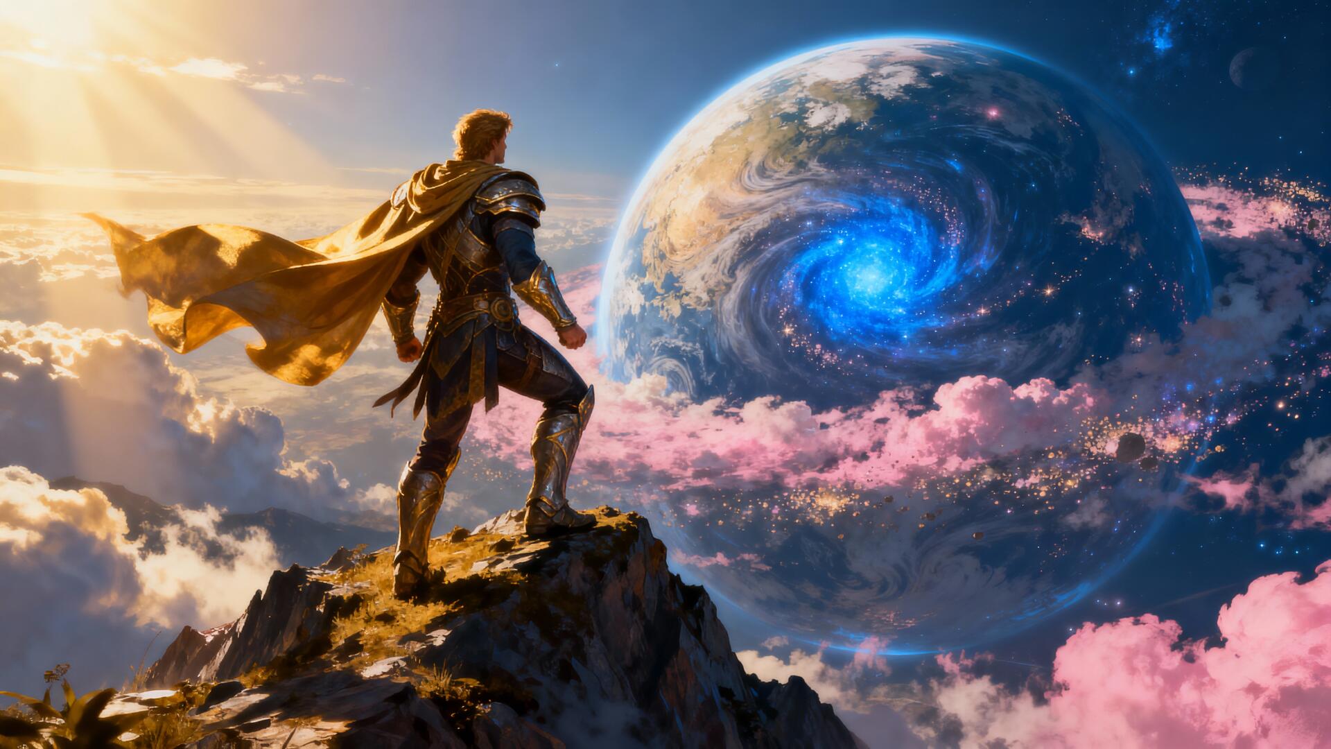 Hero in cape stands on a rocky cliff overlooking a glowing blue vortex-planet amid pink clouds and sunrise — 4K Ultra HD PC desktop wallpaper and background.