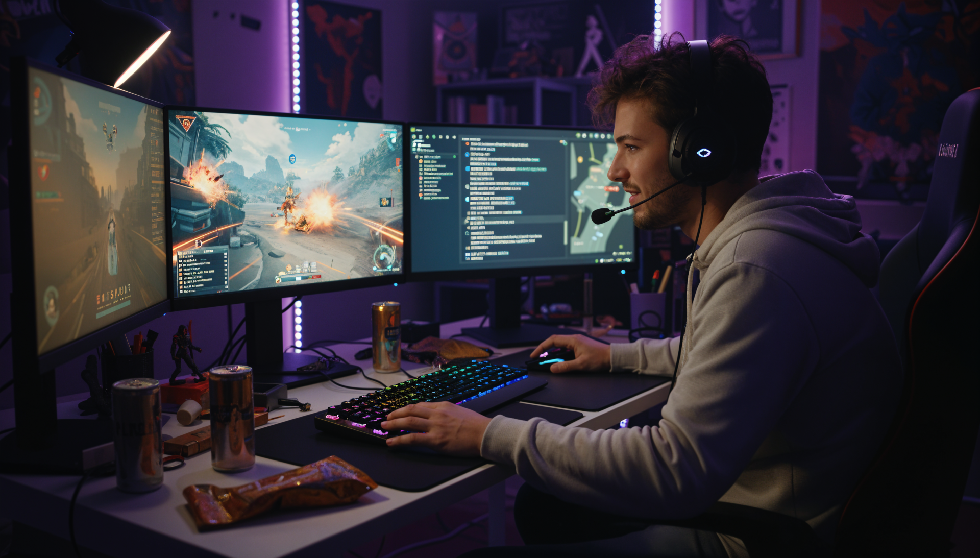 Gamer at an RGB-lit desk wearing a headset, using a triple-monitor PC setup showing an intense video game and chat, 4K Ultra HD PC desktop wallpaper and background.
