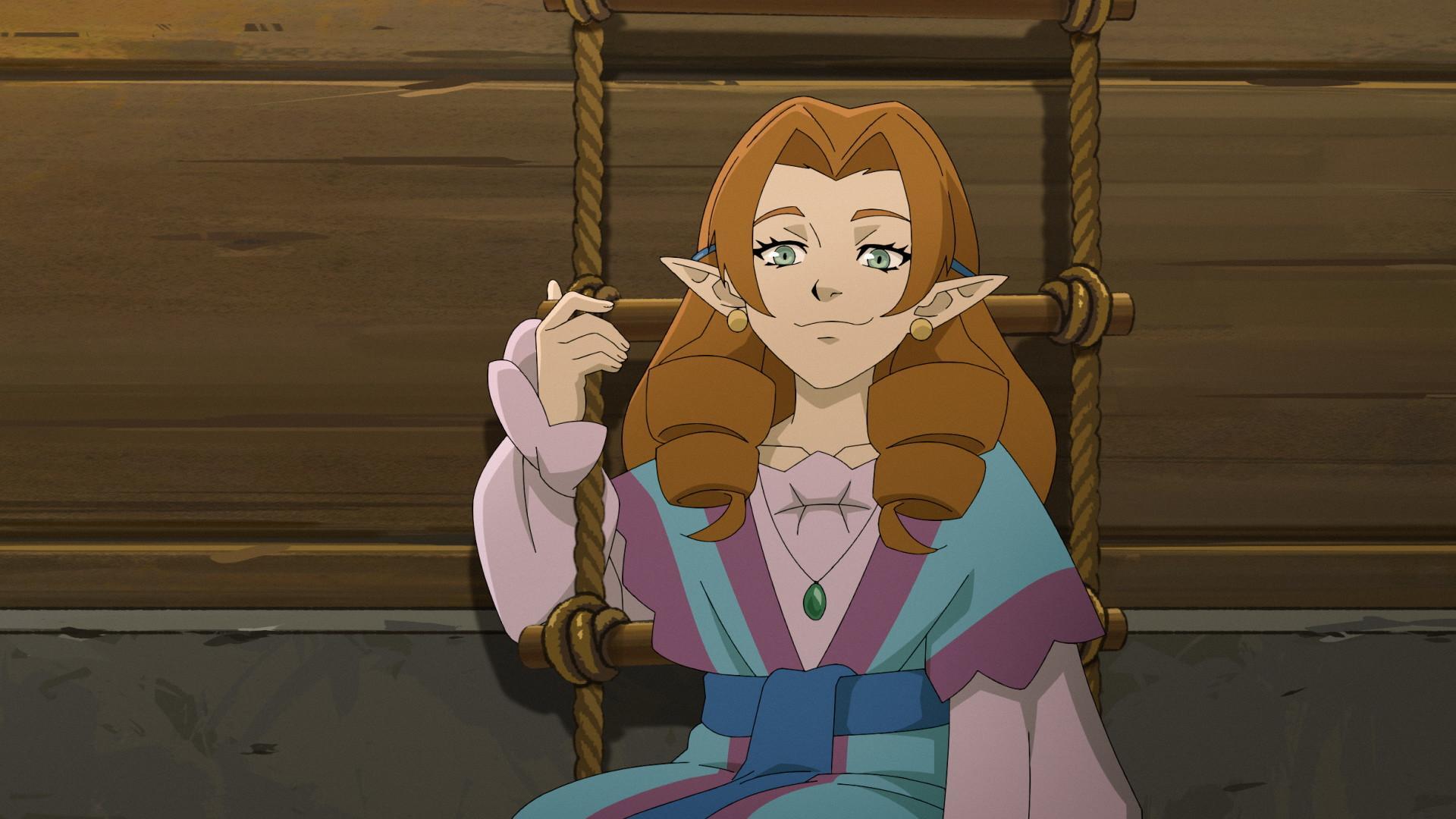 HD PC desktop wallpaper: an elf from The Mighty Nein TV show lounges against a wooden wall, holding a rope ladder, wearing pastel robes and curled auburn hair.