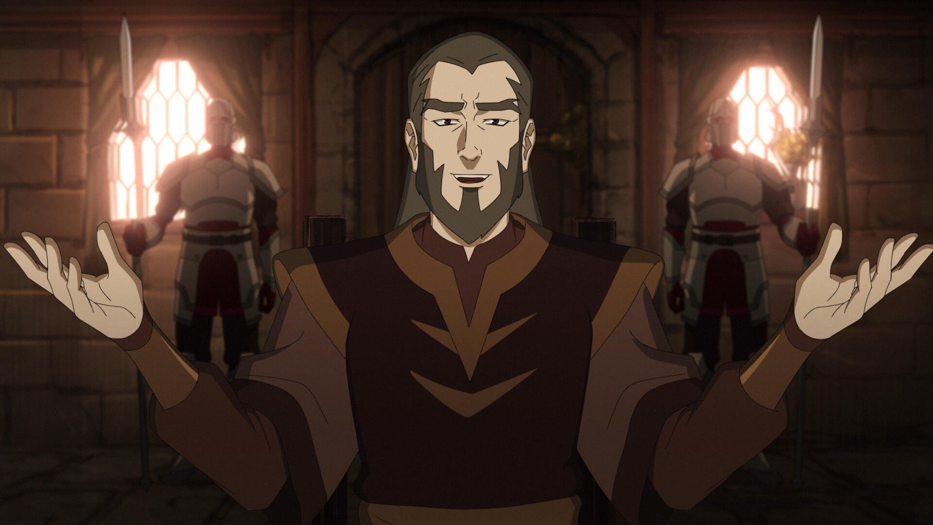 2K Quad HD PC desktop wallpaper from the TV show The Mighty Nein: bearded robed man with outstretched arms in a dim hall, flanked by two armored guards by glowing arched windows.