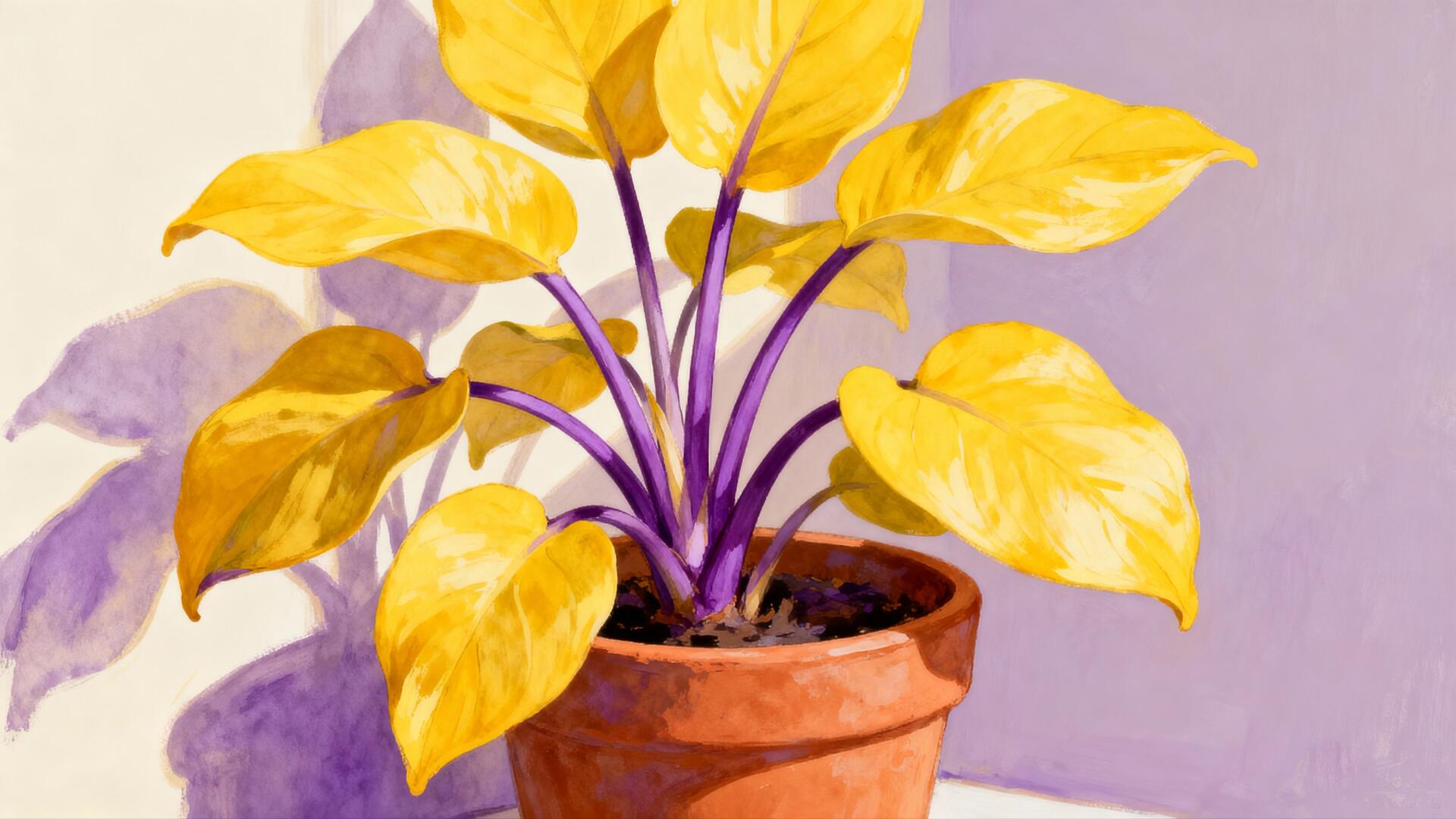 Yellow-leaf houseplant in a terracotta pot on a soft purple backdrop — 4K Ultra HD PC desktop wallpaper and background.